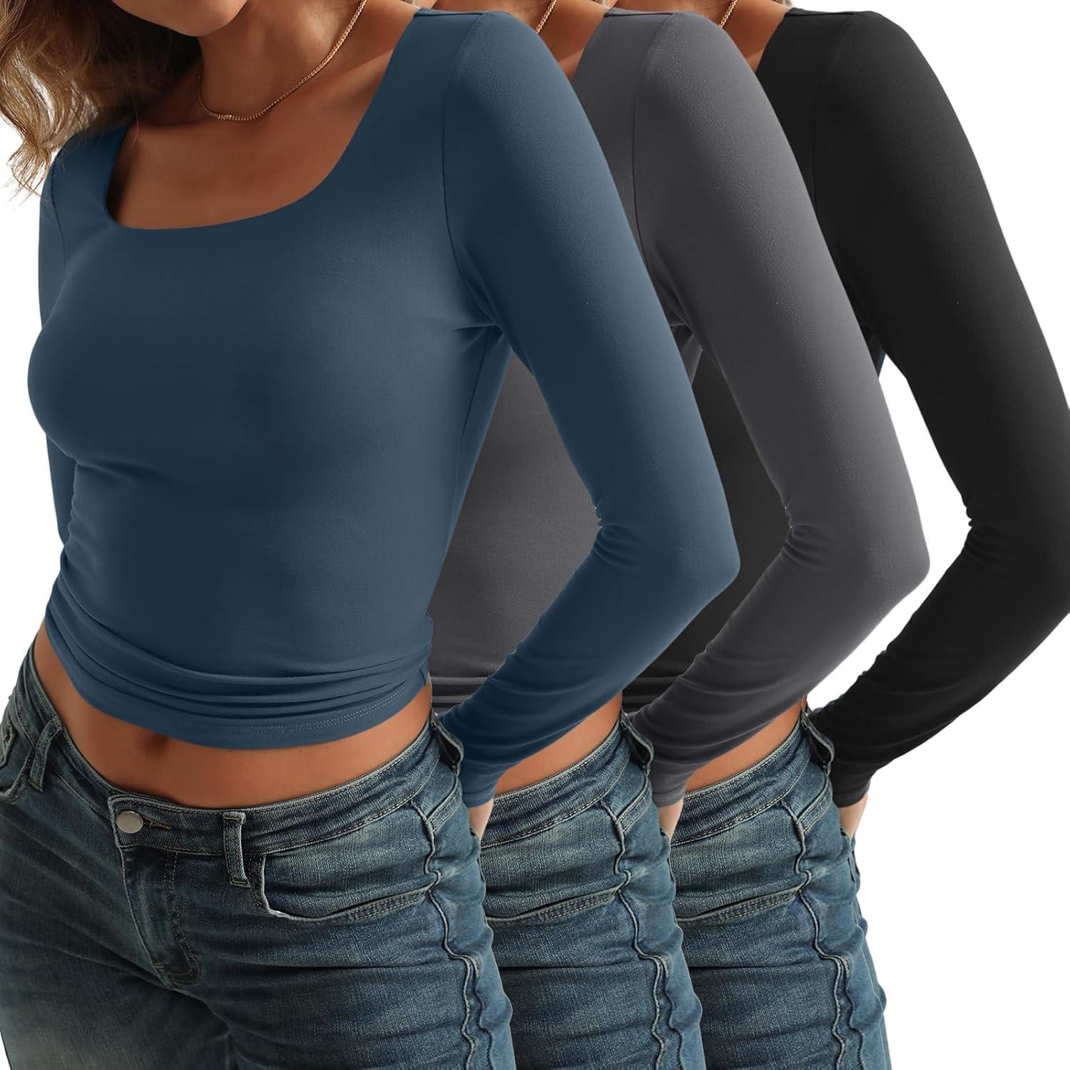 imageAUTOMET 3 Pack Womens Long Sleeve Shirts Fall Fashion Scoop Neck Crop Tops Basic Layer Slim Fit Y2K ClothesBlack grey haze Blue