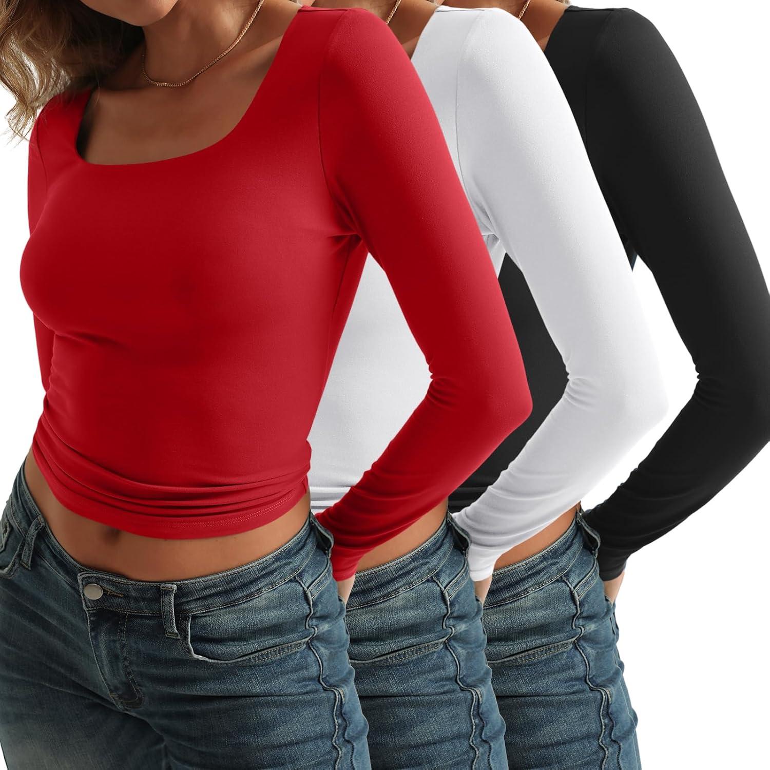 imageAUTOMET 3 Pack Womens Long Sleeve Shirts Fall Fashion Scoop Neck Crop Tops Basic Layer Slim Fit Y2K ClothesBlack white red