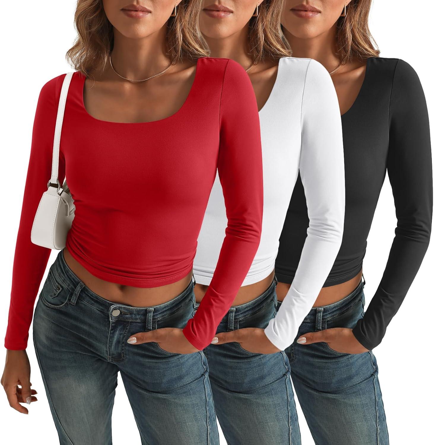 imageAUTOMET 3 Pack Womens Long Sleeve Shirts Fall Fashion Scoop Neck Crop Tops Basic Layer Slim Fit Y2K ClothesBlack white red