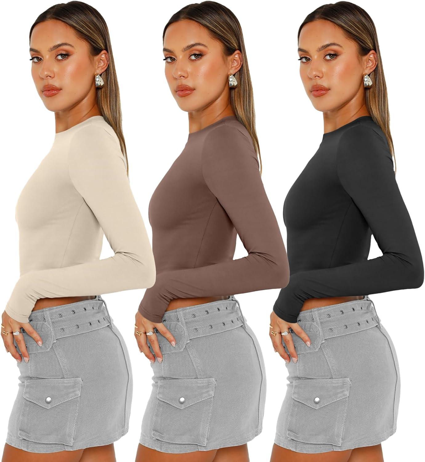 imageAUTOMET 3 Pack Womens Long Sleeve Shirts Y2K Going Out Crop Tops Cute Basic Slim Fitted Fall Fashion Outfits 2025 ClothesApricotcoffegreyblack