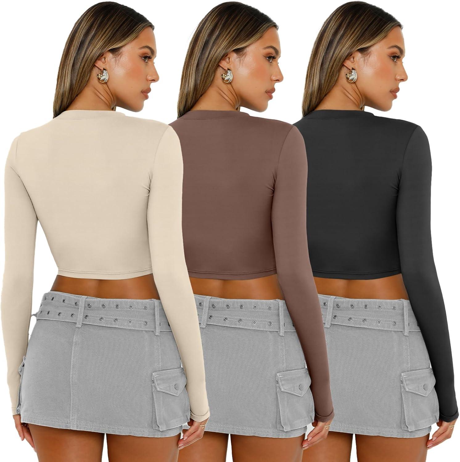 imageAUTOMET 3 Pack Womens Long Sleeve Shirts Y2K Going Out Crop Tops Cute Basic Slim Fitted Fall Fashion Outfits 2025 ClothesApricotcoffegreyblack