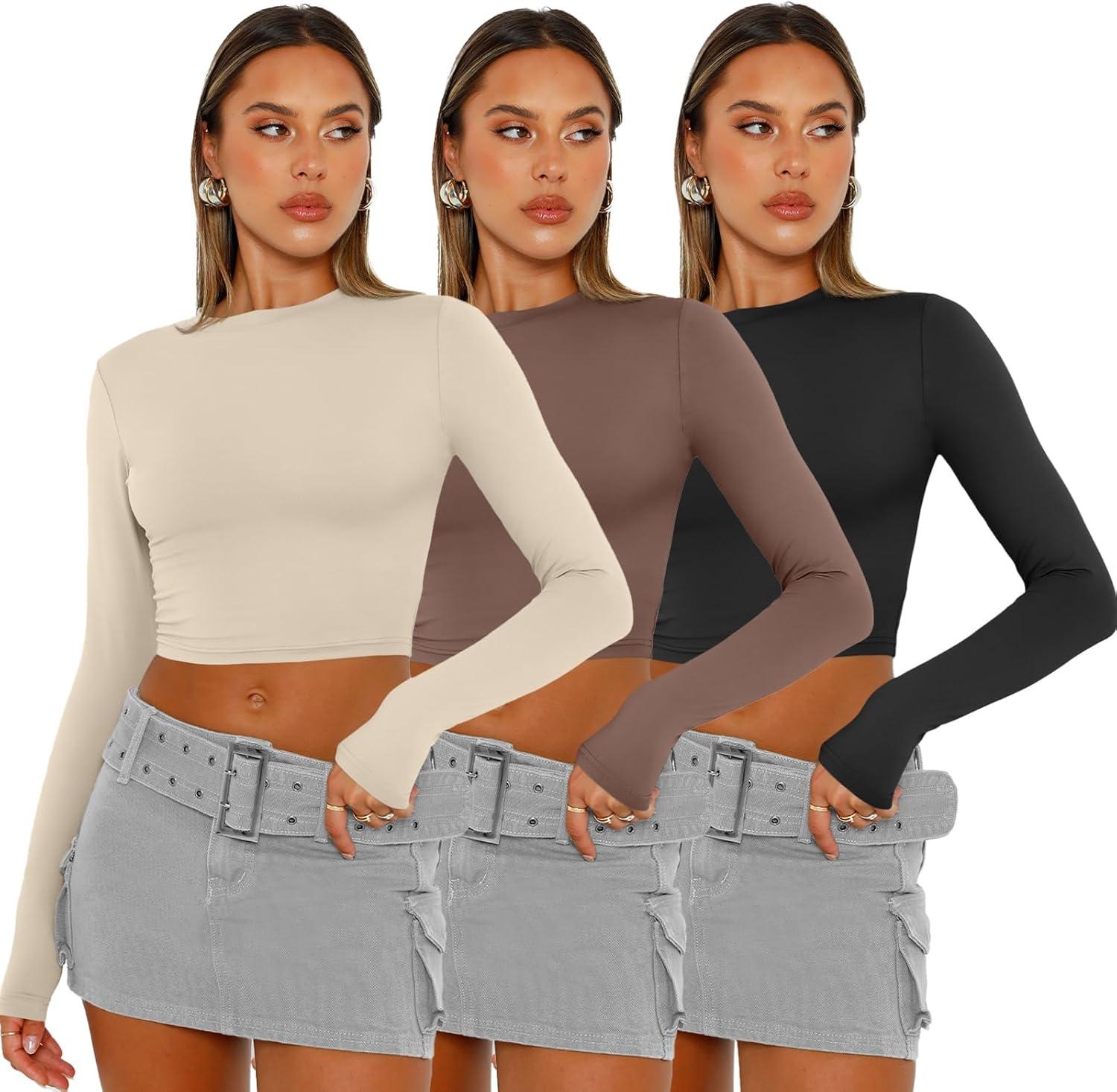 imageAUTOMET 3 Pack Womens Long Sleeve Shirts Y2K Going Out Crop Tops Cute Basic Slim Fitted Fall Fashion Outfits 2025 ClothesApricotcoffegreyblack