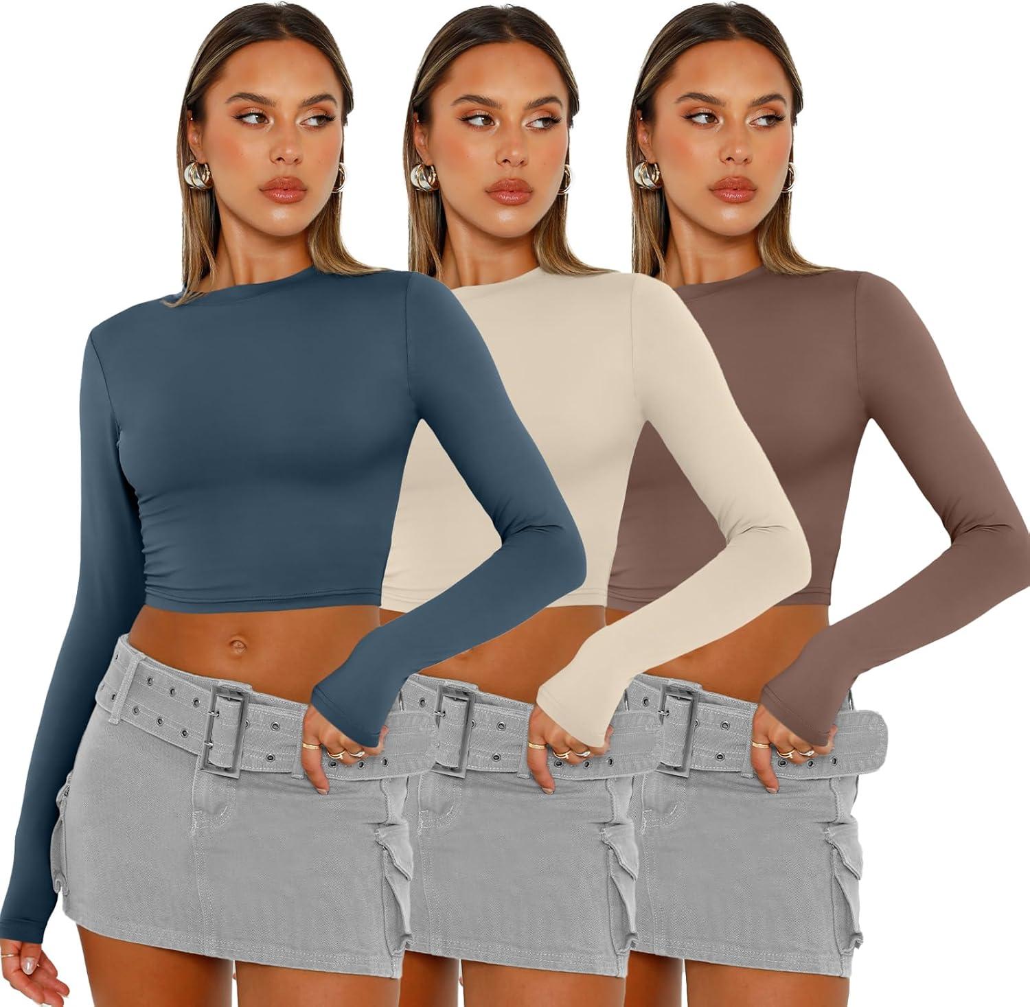 imageAUTOMET 3 Pack Womens Long Sleeve Shirts Y2K Going Out Crop Tops Cute Basic Slim Fitted Fall Fashion Outfits 2025 ClothesBlueapricotcoffegrey