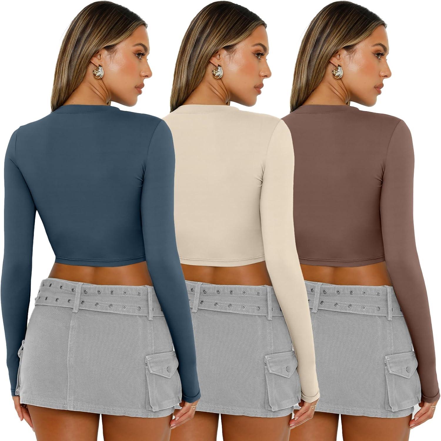 imageAUTOMET 3 Pack Womens Long Sleeve Shirts Y2K Going Out Crop Tops Cute Basic Slim Fitted Fall Fashion Outfits 2025 ClothesBlueapricotcoffegrey