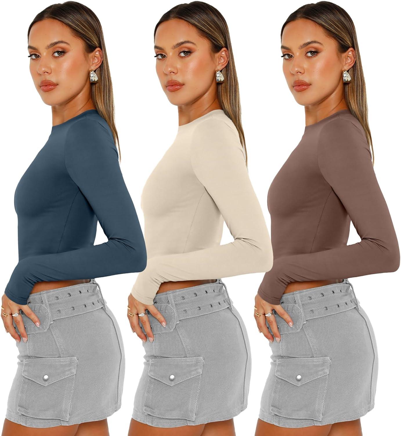 imageAUTOMET 3 Pack Womens Long Sleeve Shirts Y2K Going Out Crop Tops Cute Basic Slim Fitted Fall Fashion Outfits 2025 ClothesBlueapricotcoffegrey