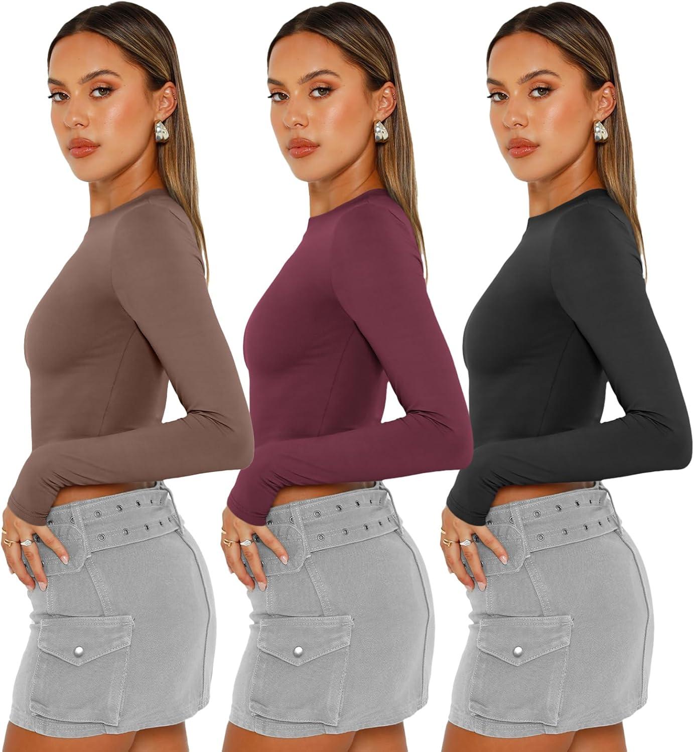 imageAUTOMET 3 Pack Womens Long Sleeve Shirts Y2K Going Out Crop Tops Cute Basic Slim Fitted Fall Fashion Outfits 2025 ClothesCoffegreywineredblack