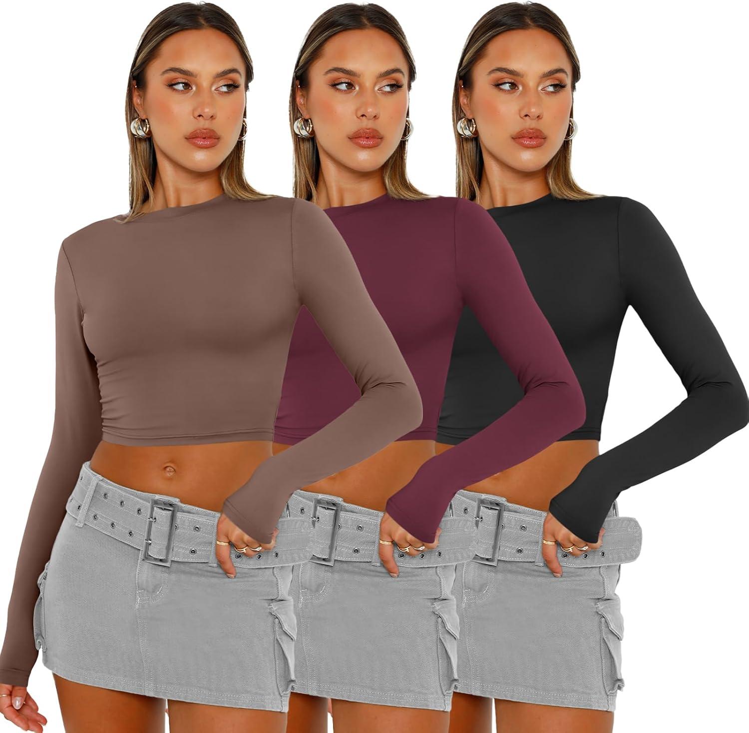 imageAUTOMET 3 Pack Womens Long Sleeve Shirts Y2K Going Out Crop Tops Cute Basic Slim Fitted Fall Fashion Outfits 2025 ClothesCoffegreywineredblack