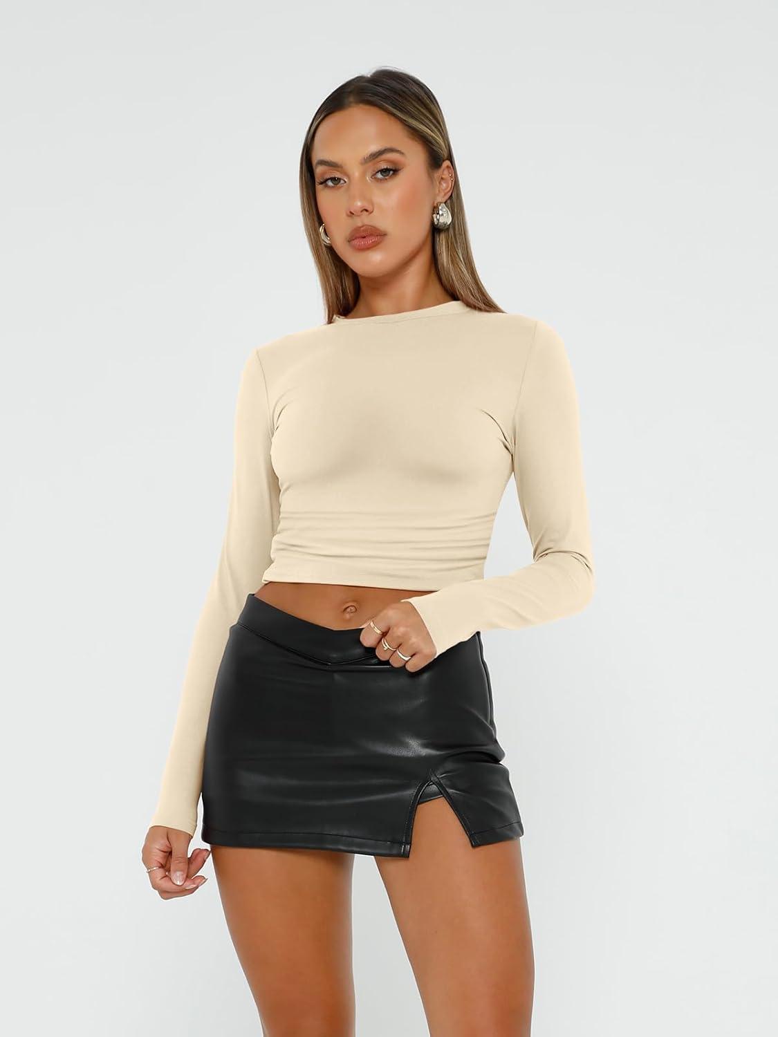 imageAUTOMET 3 Pack Womens Long Sleeve T Shirts Fall Fashion Basic Going Out Crop Tops Slim Fitted Winter Clothes 2025Black white apricot