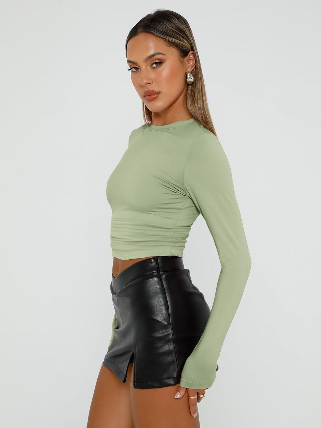 imageAUTOMET 3 Pack Womens Long Sleeve T Shirts Fall Fashion Basic Going Out Crop Tops Slim Fitted Winter Clothes 2025Black white light Green