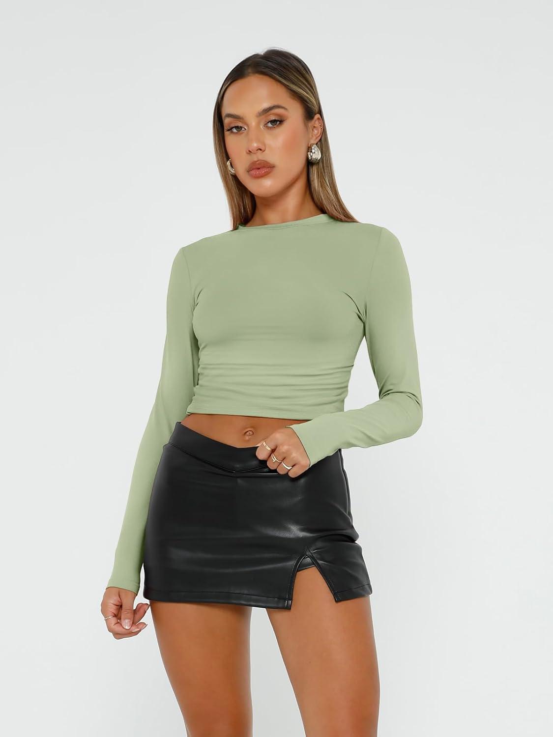 imageAUTOMET 3 Pack Womens Long Sleeve T Shirts Fall Fashion Basic Going Out Crop Tops Slim Fitted Winter Clothes 2025Black white light Green