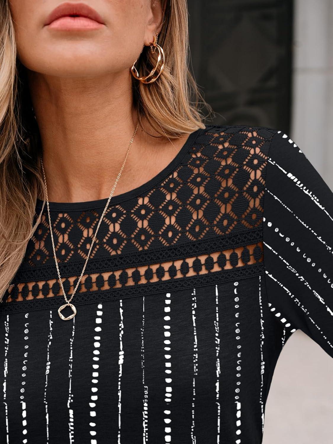 imageAUTOMET 34 Length Sleeve Womens Tops Lace Business Dressy Casual Blouses Spring Summer Fall Trendy Cute Work T ShirtsBlack Stripe