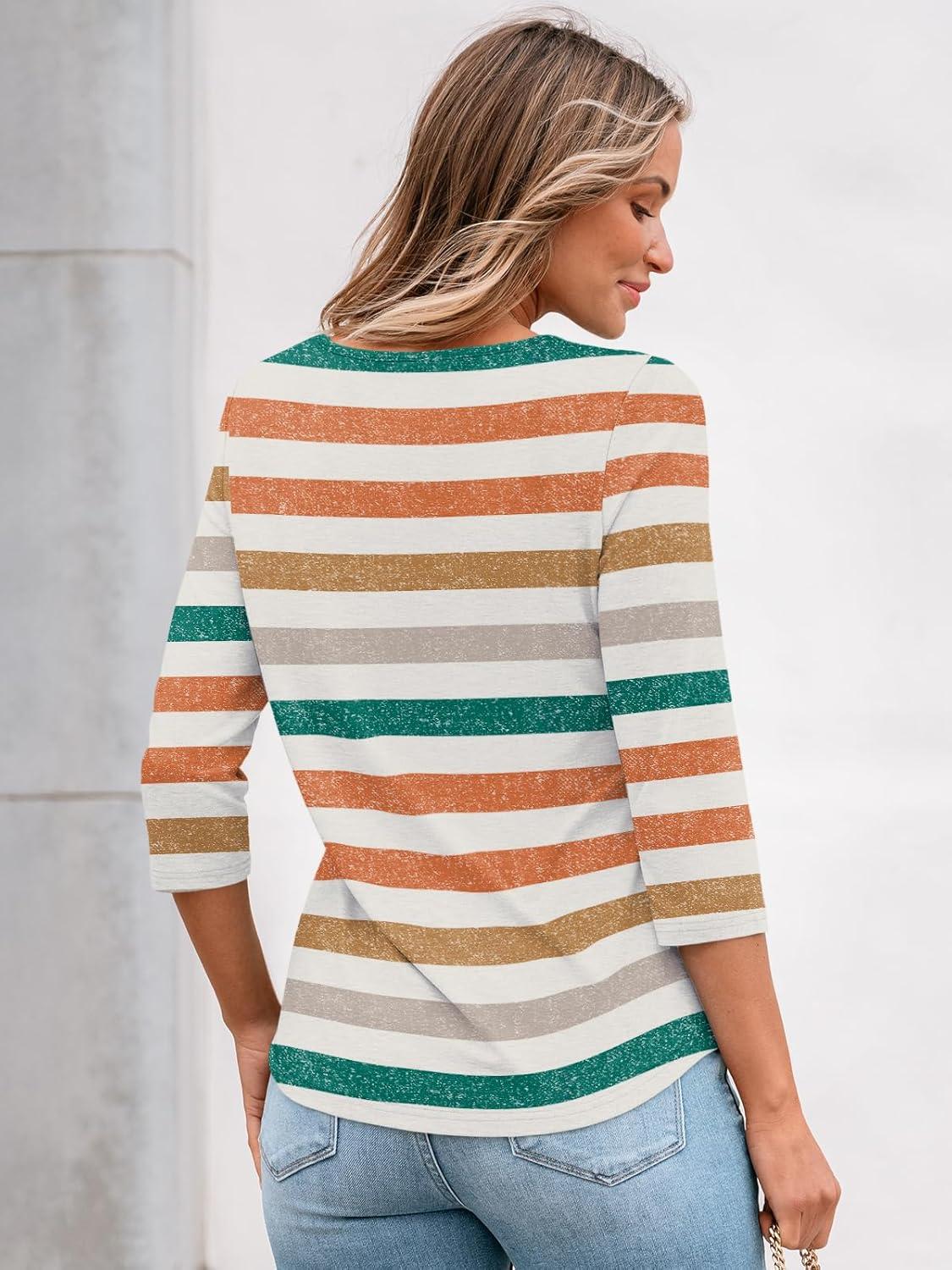 imageAUTOMET 34 Length Sleeve Womens Tops Lace Business Dressy Casual Blouses Spring Summer Fall Trendy Cute Work T ShirtsColorful Stripe