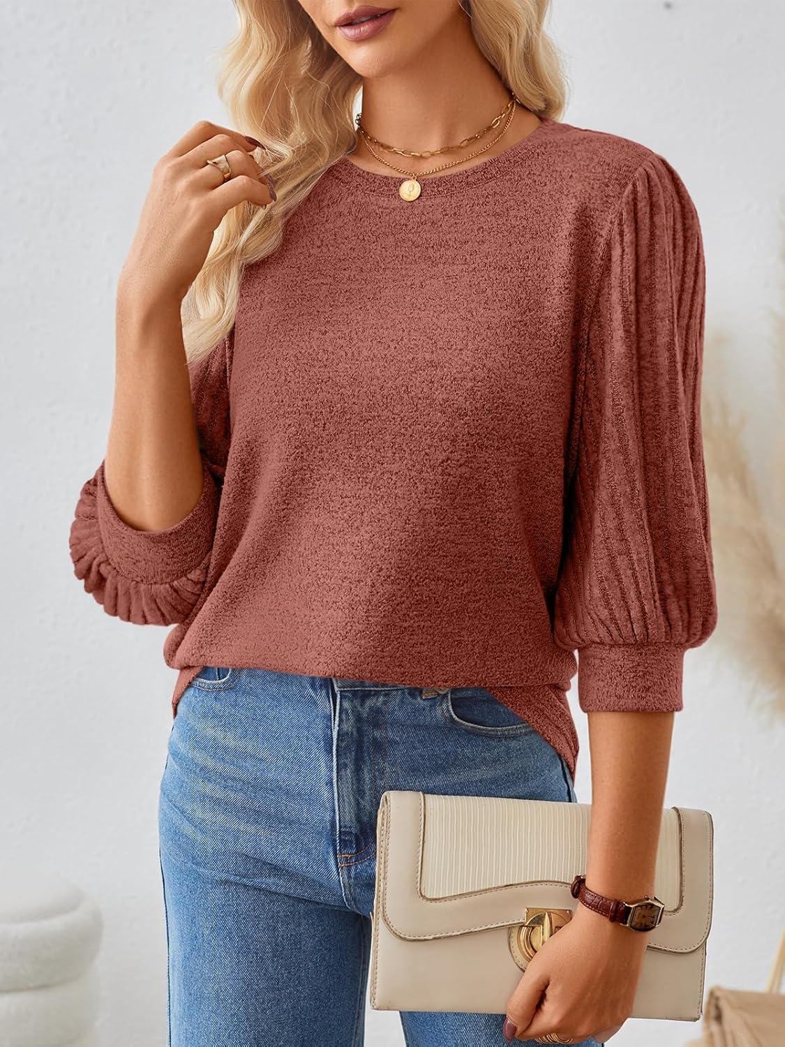 imageAUTOMET 34 Length Sleeve Womens Tops Puff Sleeve Lightweight Fall Sweaters Business Dressy Casual Work Blouses Cute T ShirtsCaramel