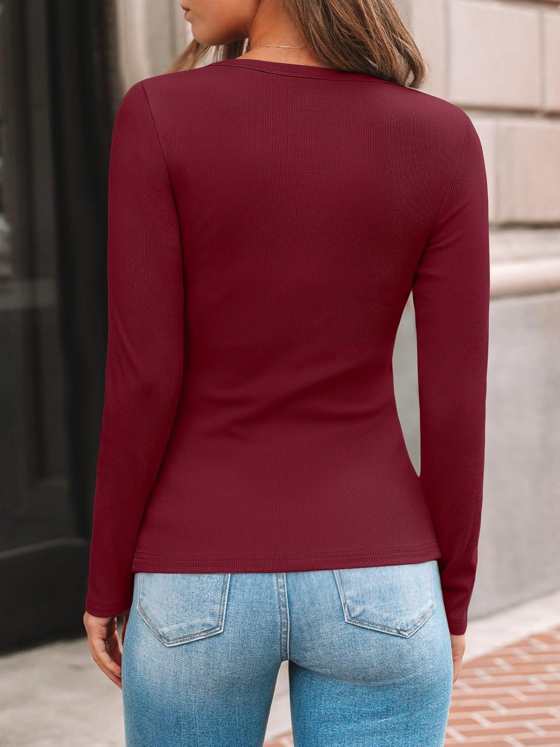 imageAUTOMET Long Sleeve Shirts Blouses Fall Fashion Ribbed Basic Tops Winter ClothesWine Red