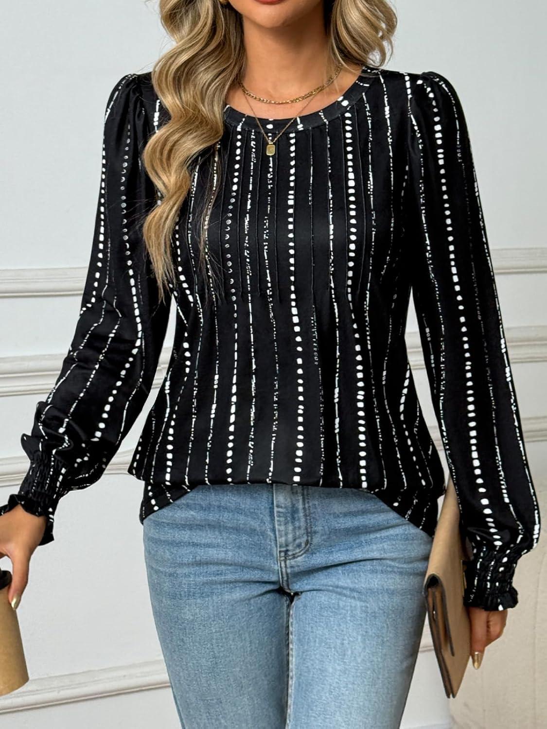 imageAUTOMET Long Sleeve Shirts Womens Pleated Business Casual Blouses with Smocked CuffsBlack Dot Line