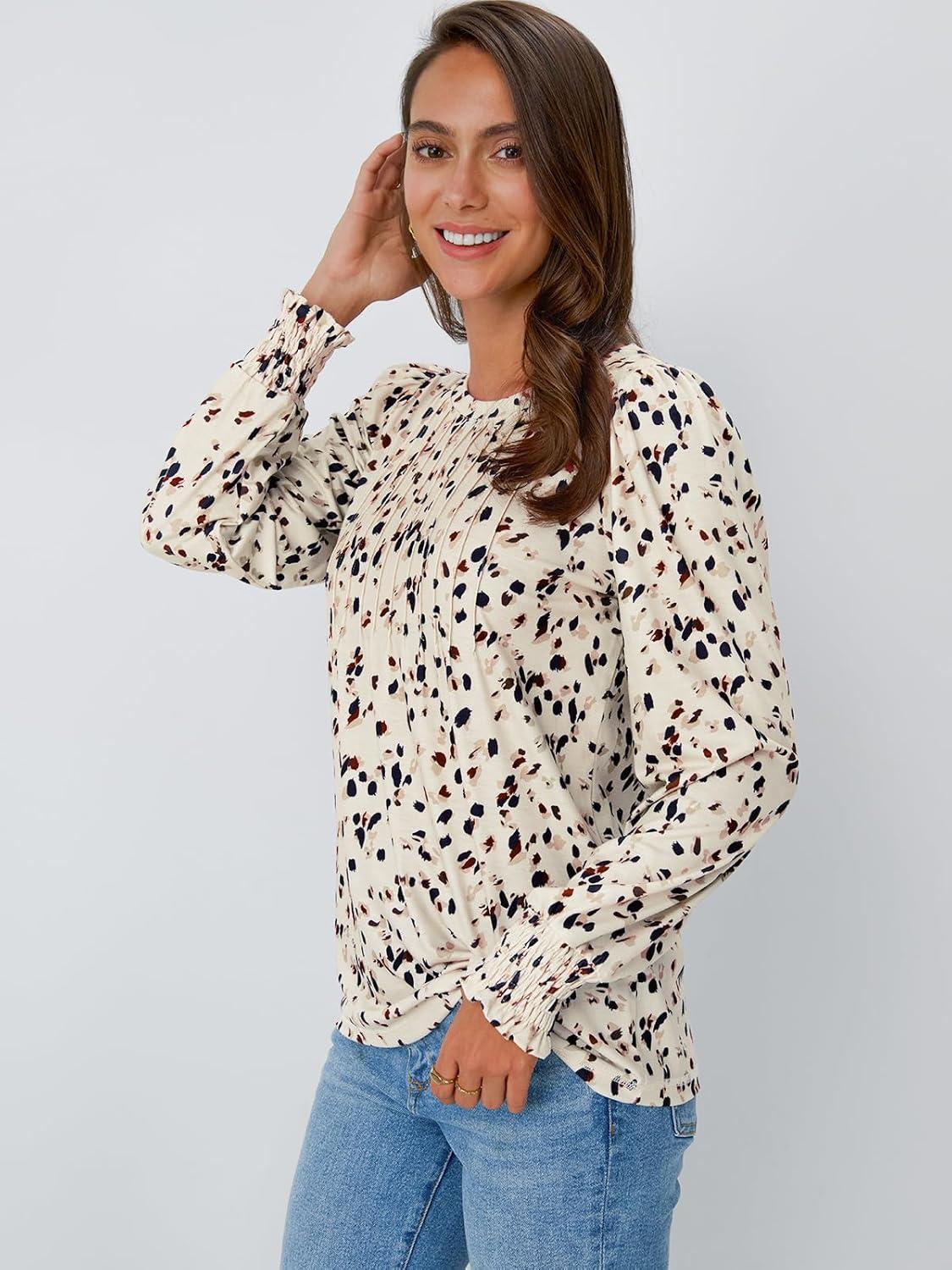 imageAUTOMET Long Sleeve Shirts Womens Pleated Business Casual Blouses with Smocked CuffsLeopard Cream