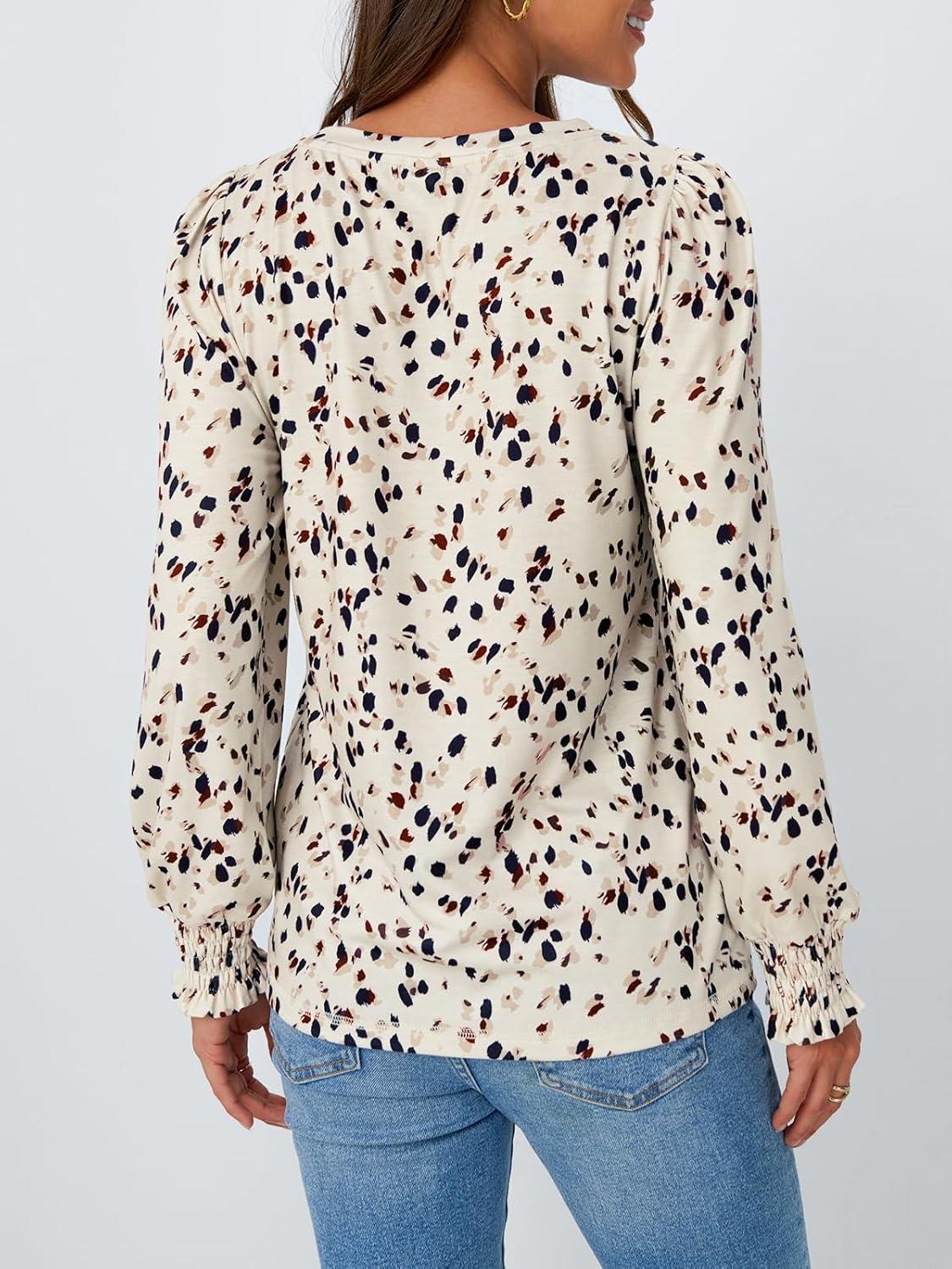 imageAUTOMET Long Sleeve Shirts Womens Pleated Business Casual Blouses with Smocked CuffsLeopard Cream