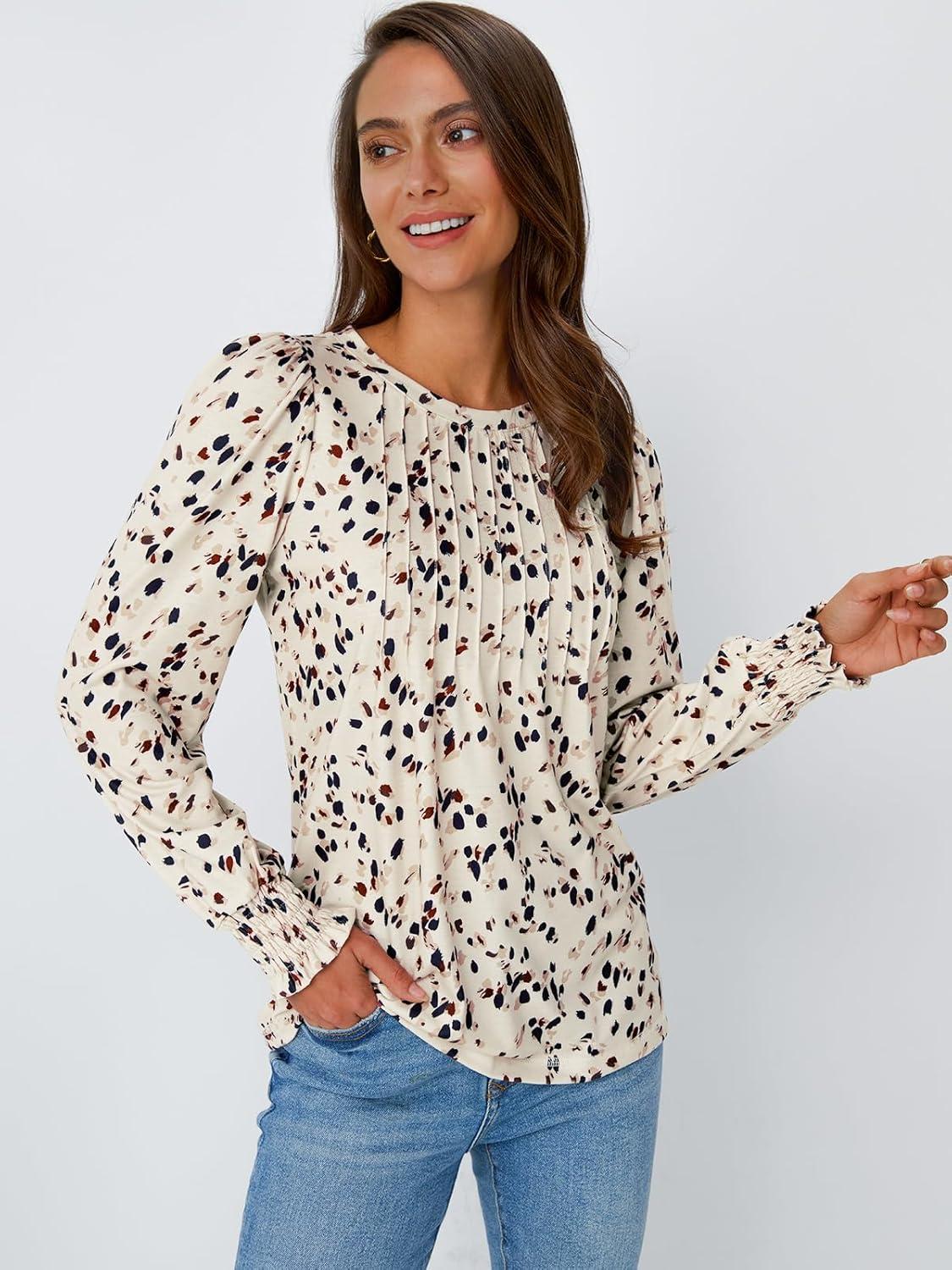 imageAUTOMET Long Sleeve Shirts Womens Pleated Business Casual Blouses with Smocked CuffsLeopard Cream
