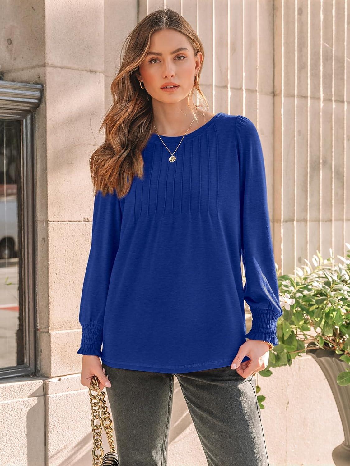 imageAUTOMET Long Sleeve Shirts Womens Pleated Business Casual Blouses with Smocked CuffsRoyal Blue