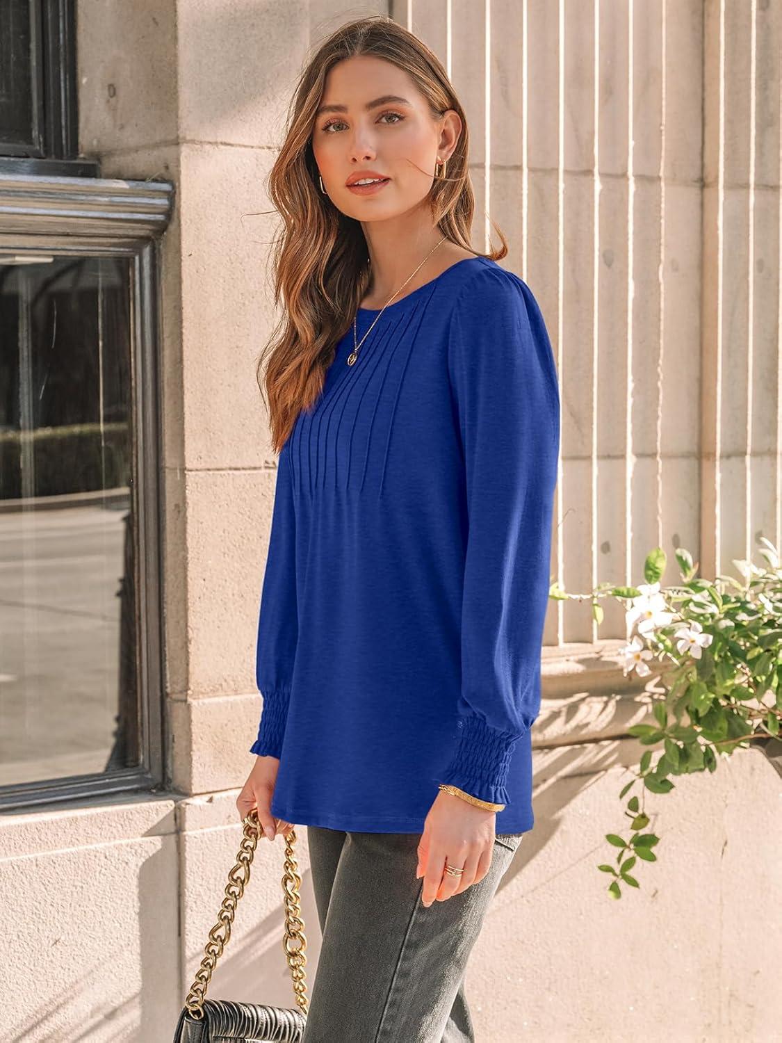 imageAUTOMET Long Sleeve Shirts Womens Pleated Business Casual Blouses with Smocked CuffsRoyal Blue