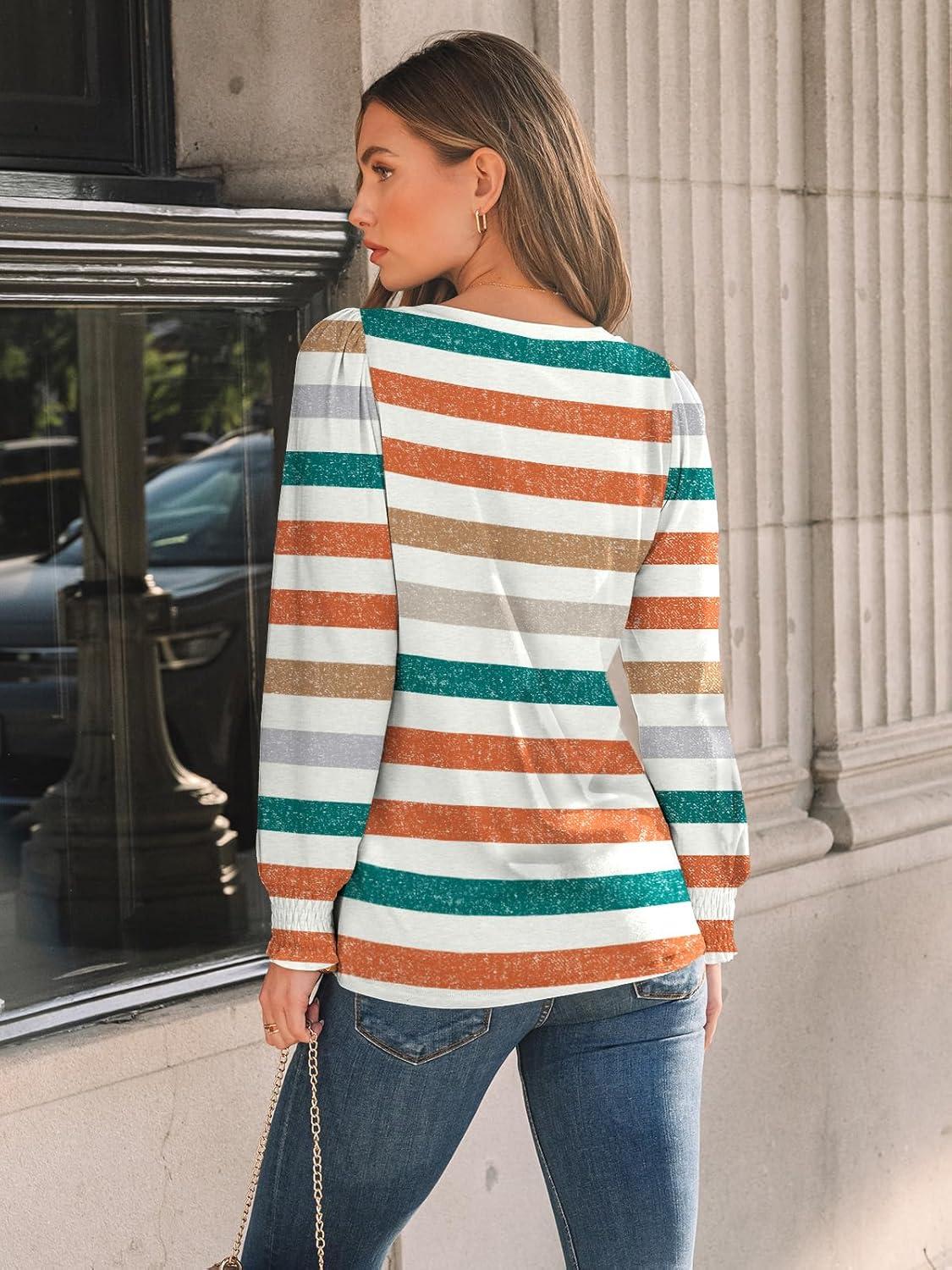 imageAUTOMET Long Sleeve Shirts Womens Pleated Business Casual Blouses with Smocked CuffsStriped Orange