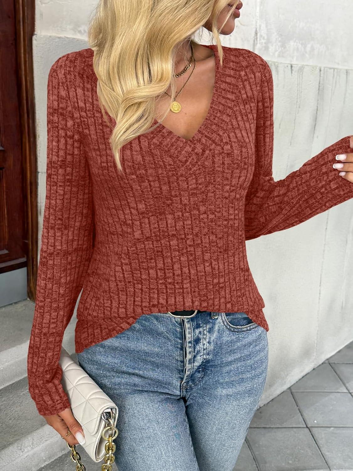 imageAUTOMET Long Sleeve Shirts Womens Tops Fall Fashion Business Casual Outfits 2025 V Neck T Shirts Sweaters Trendy BlouseCaramel