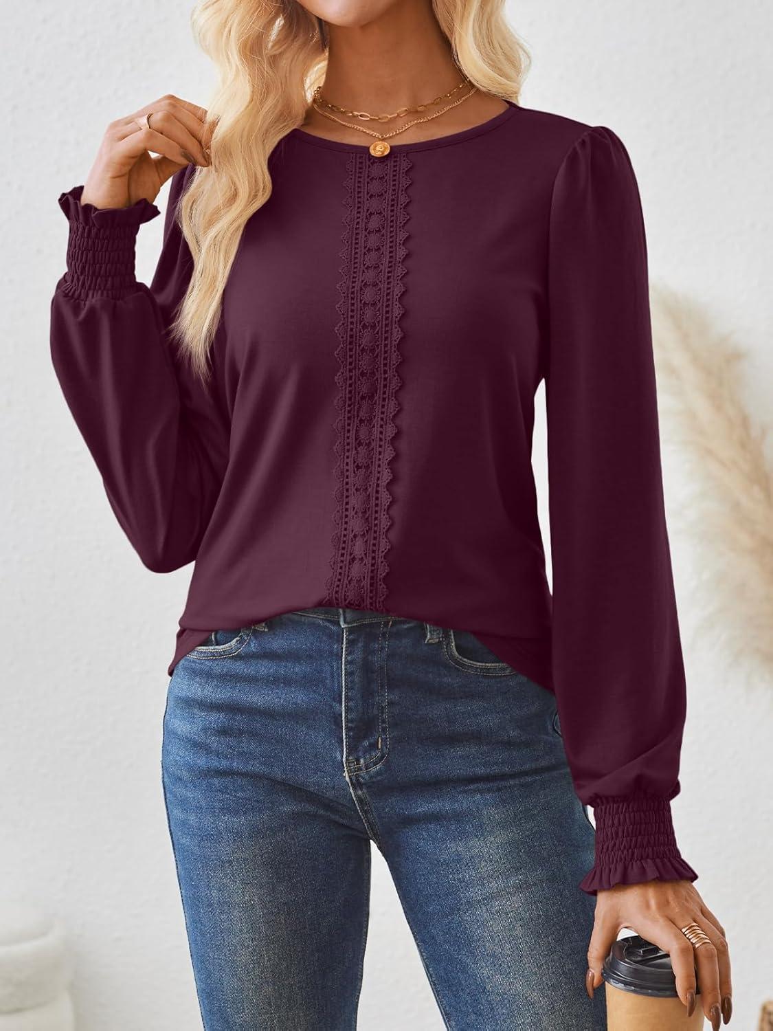 imageAUTOMET Long Sleeve Shirts for Women Business Dressy Casual Tops Work Blouses Pleated TunicsWine