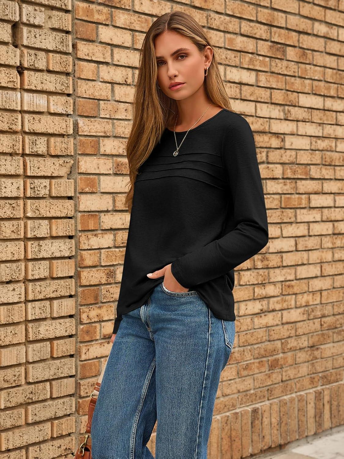 imageAUTOMET Long Sleeve Shirts for Women Pleated Dressy Casual Business Blouses Trendy Fashion Tunic Basic TopsBlack