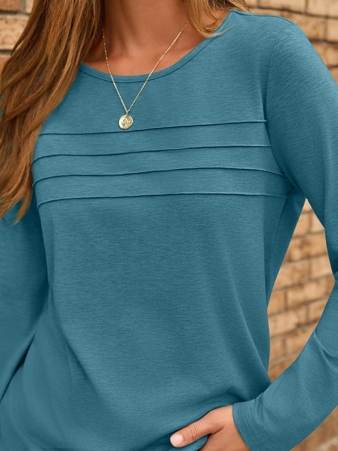 imageAUTOMET Long Sleeve Shirts for Women Pleated Dressy Casual Business Blouses Trendy Fashion Tunic Basic TopsBlue