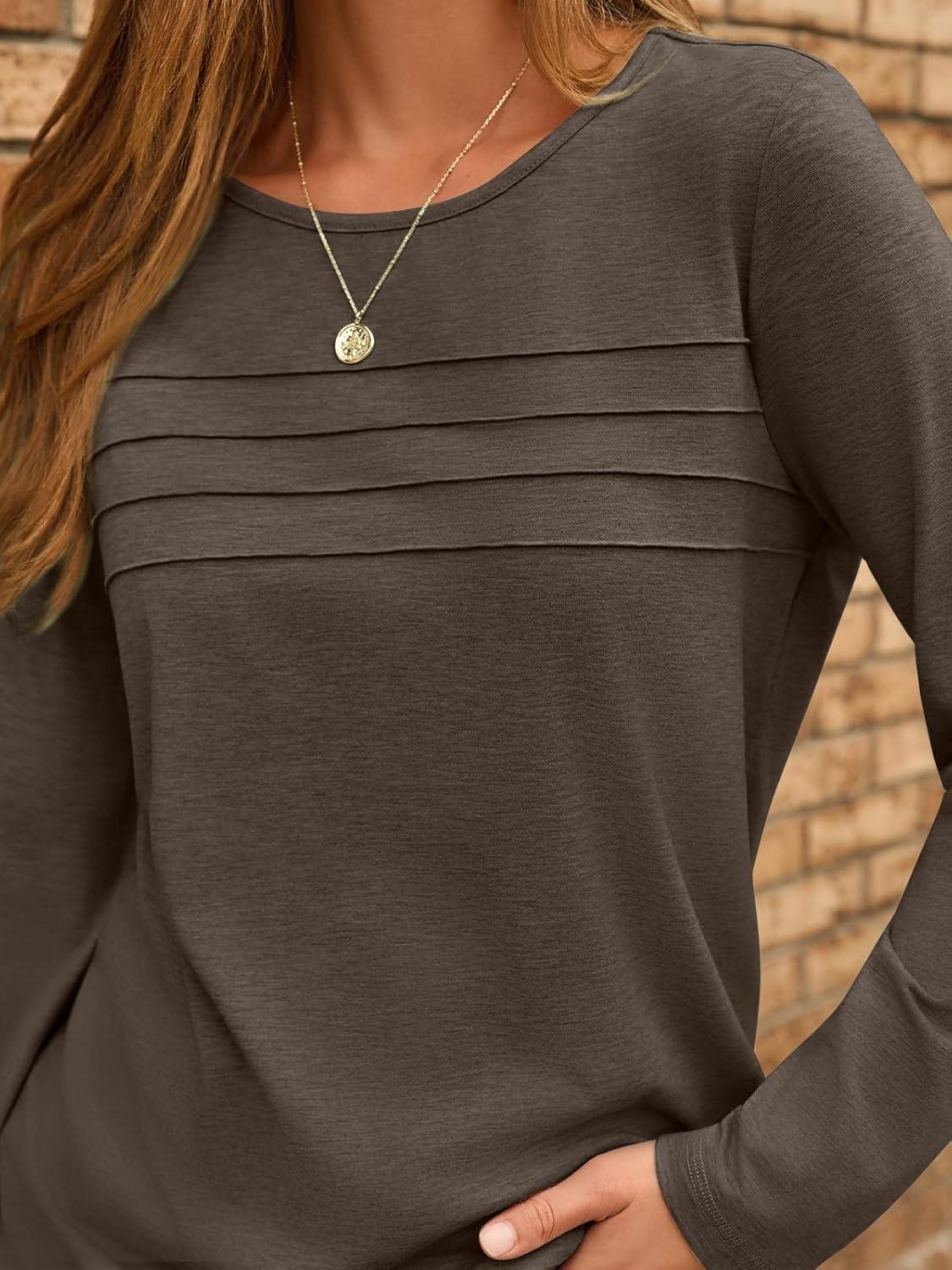 imageAUTOMET Long Sleeve Shirts for Women Pleated Dressy Casual Business Blouses Trendy Fashion Tunic Basic TopsCoffee Grey