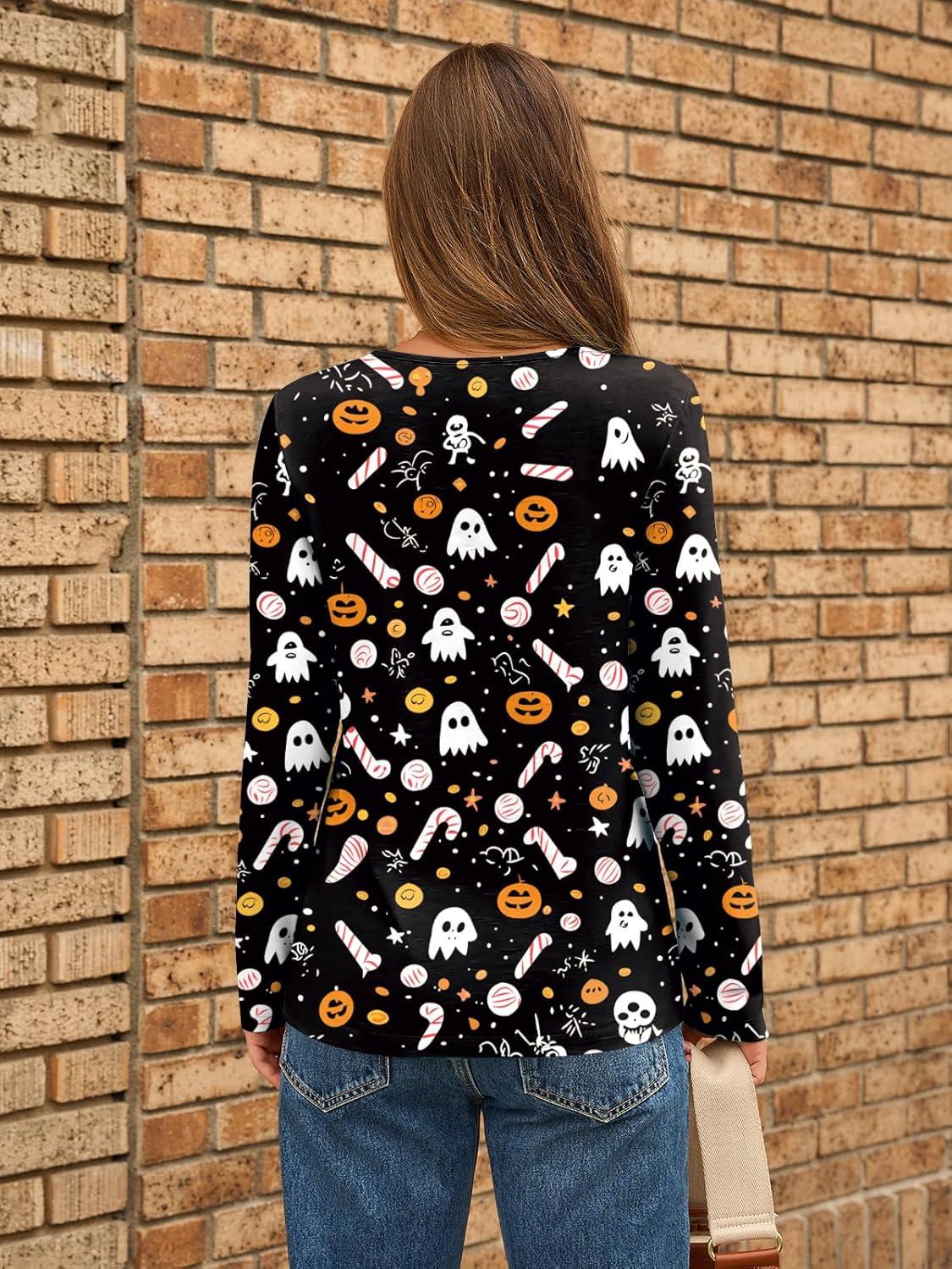 imageAUTOMET Long Sleeve Shirts for Women Pleated Dressy Casual Business Blouses Trendy Fashion Tunic Basic TopsHalloween Print