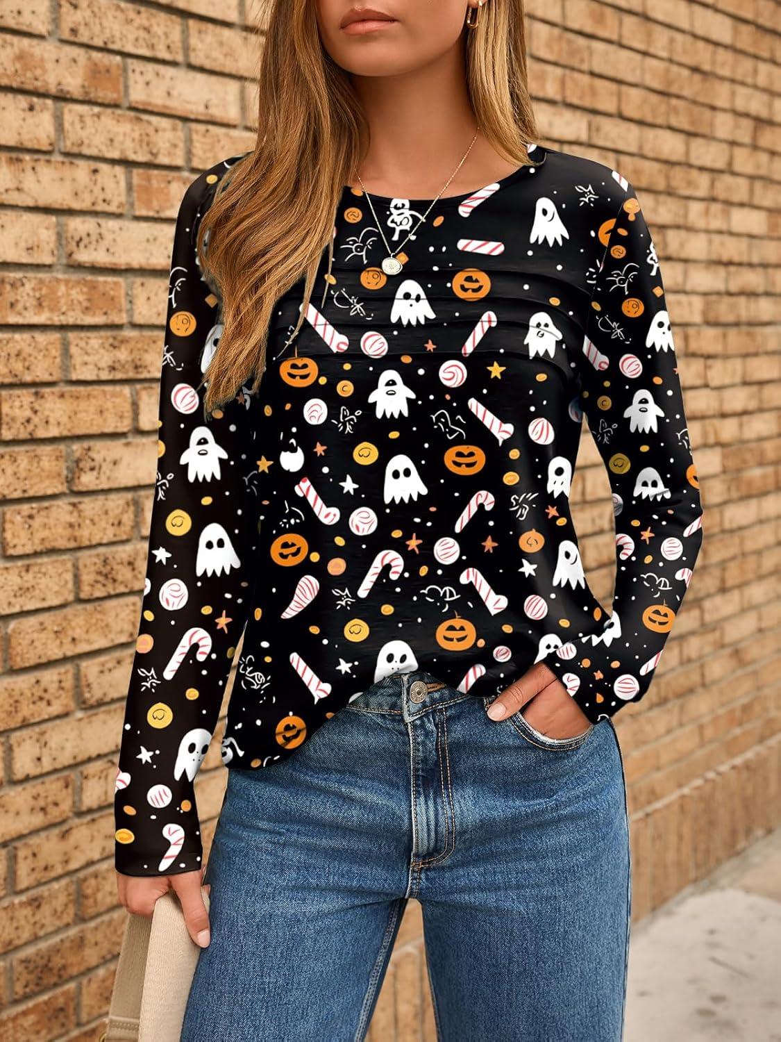 imageAUTOMET Long Sleeve Shirts for Women Pleated Dressy Casual Business Blouses Trendy Fashion Tunic Basic TopsHalloween Print