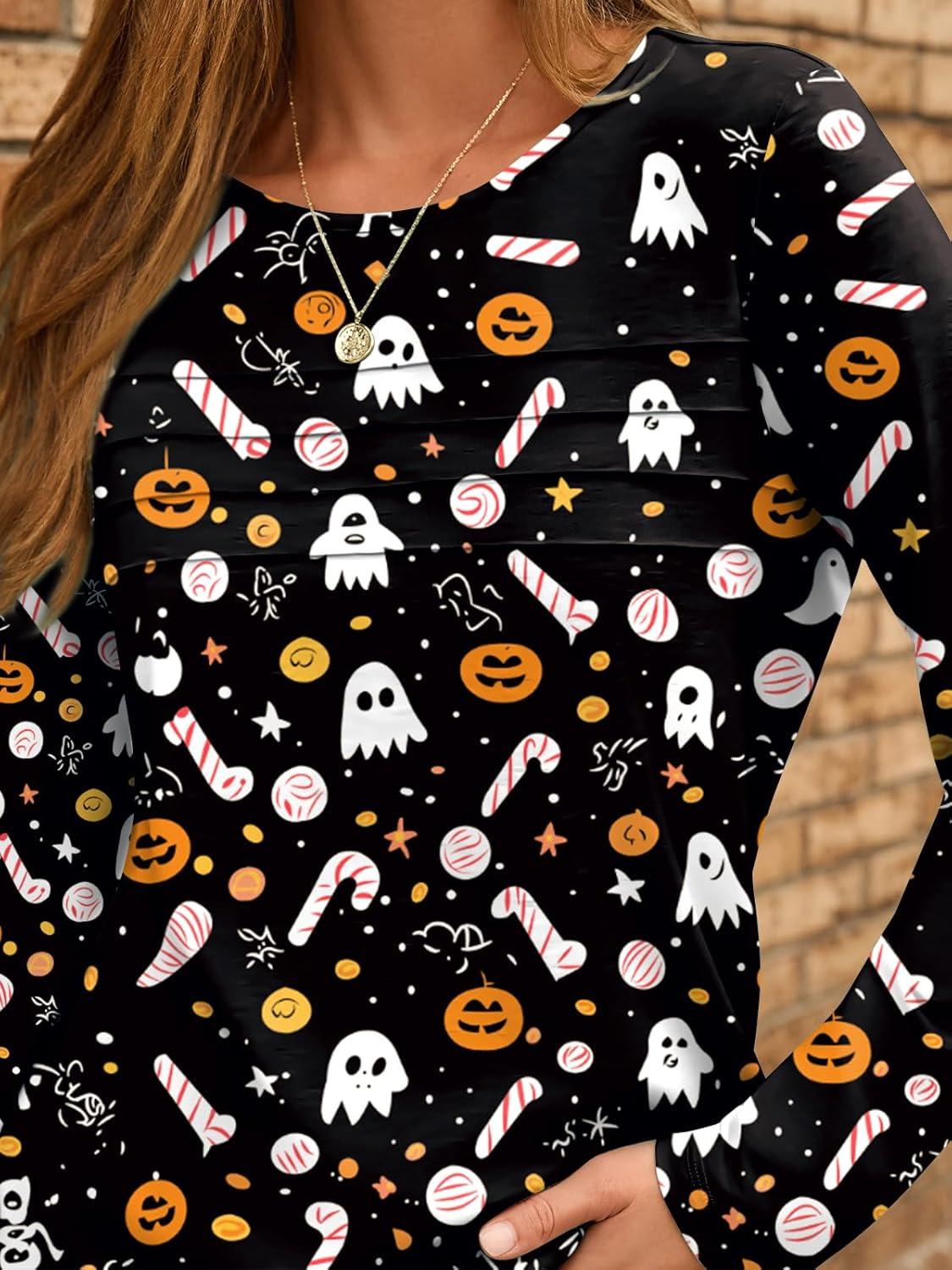 imageAUTOMET Long Sleeve Shirts for Women Pleated Dressy Casual Business Blouses Trendy Fashion Tunic Basic TopsHalloween Print