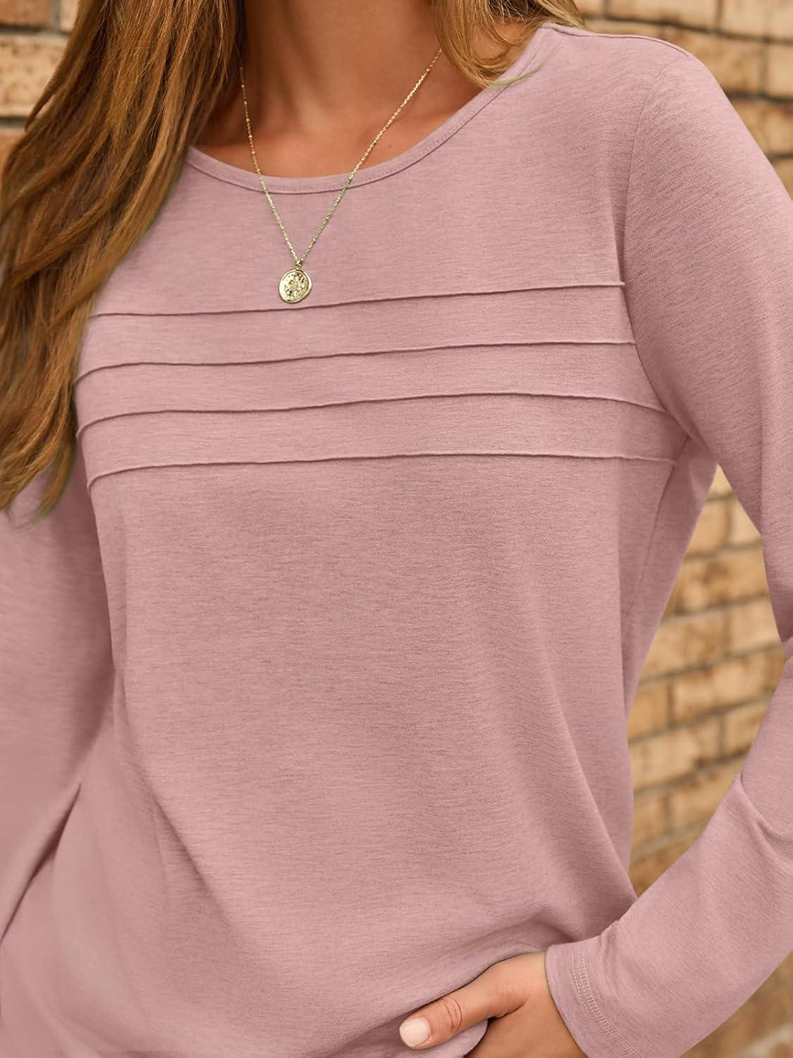 imageAUTOMET Long Sleeve Shirts for Women Pleated Dressy Casual Business Blouses Trendy Fashion Tunic Basic TopsPink