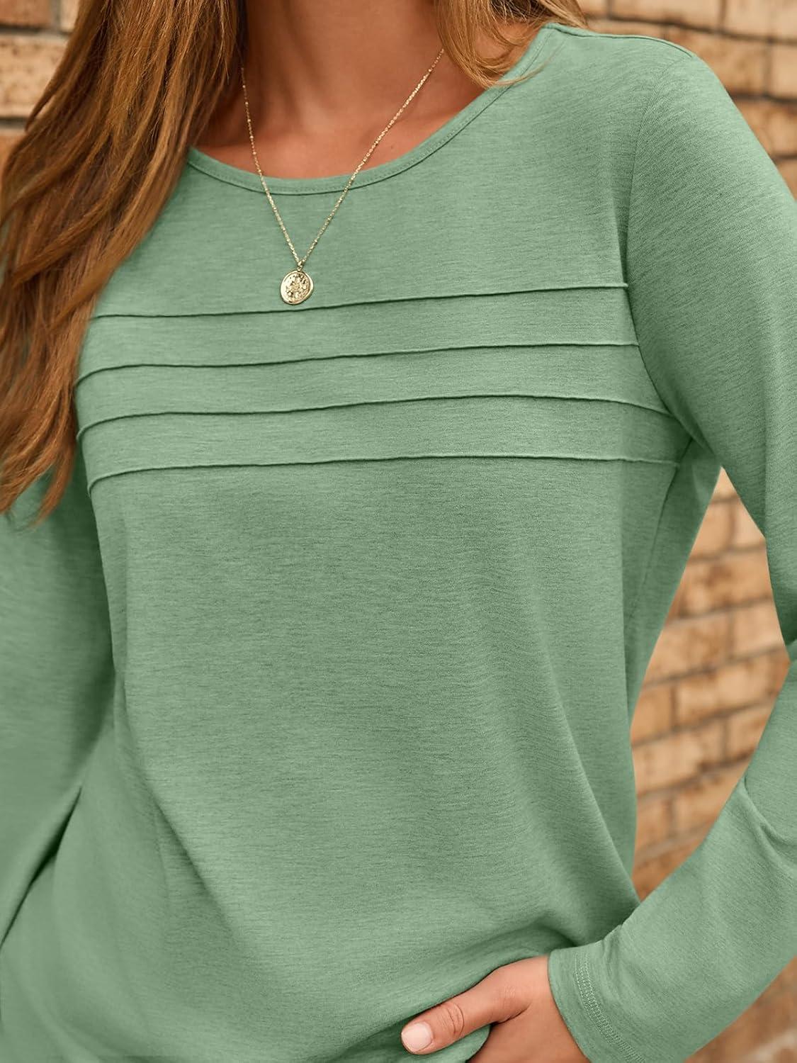 imageAUTOMET Long Sleeve Shirts for Women Pleated Dressy Casual Business Blouses Trendy Fashion Tunic Basic TopsSage Green