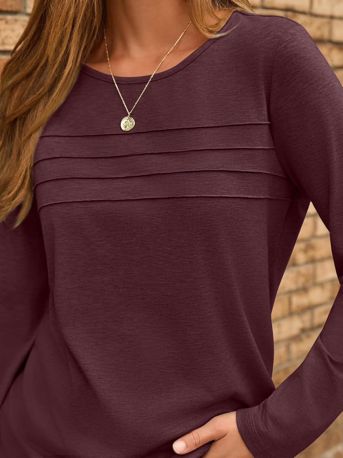 imageAUTOMET Long Sleeve Shirts for Women Pleated Dressy Casual Business Blouses Trendy Fashion Tunic Basic TopsWine
