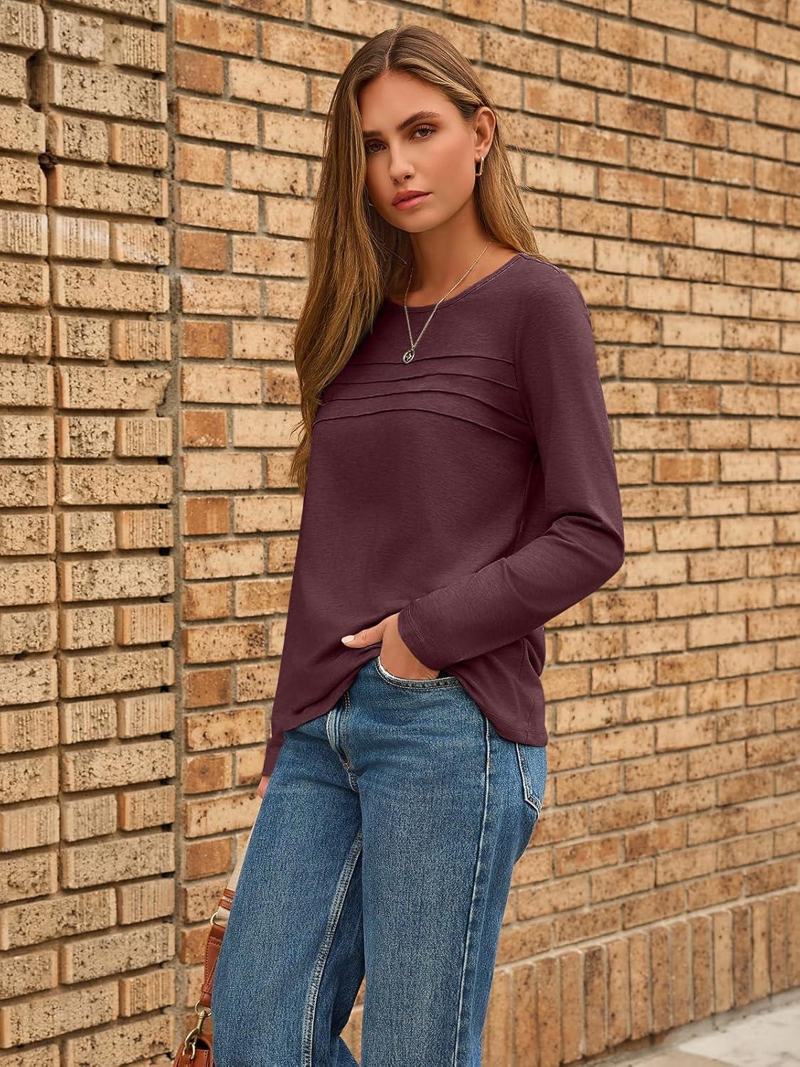 imageAUTOMET Long Sleeve Shirts for Women Pleated Dressy Casual Business Blouses Trendy Fashion Tunic Basic TopsWine