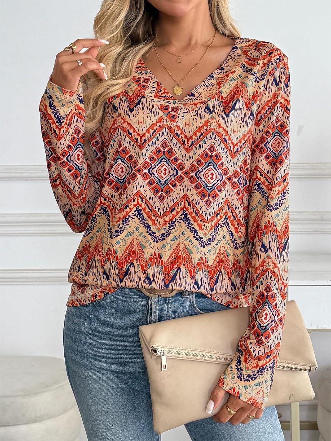 imageAUTOMET Long Sleeve Shirts for Women Tops V Neck Casual Top Comfortable Shirt Soft Basic Tees Women BlousesBohoprint2