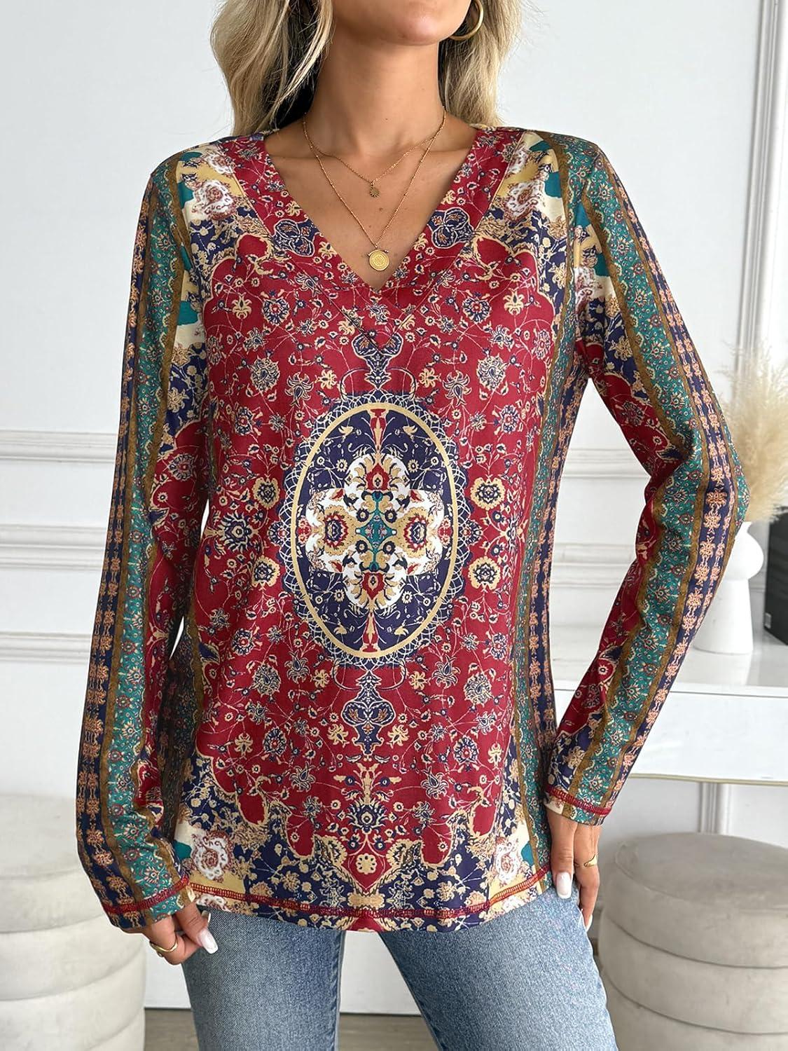 imageAUTOMET Long Sleeve Shirts for Women Tops V Neck Casual Top Comfortable Shirt Soft Basic Tees Women BlousesBohoprint4