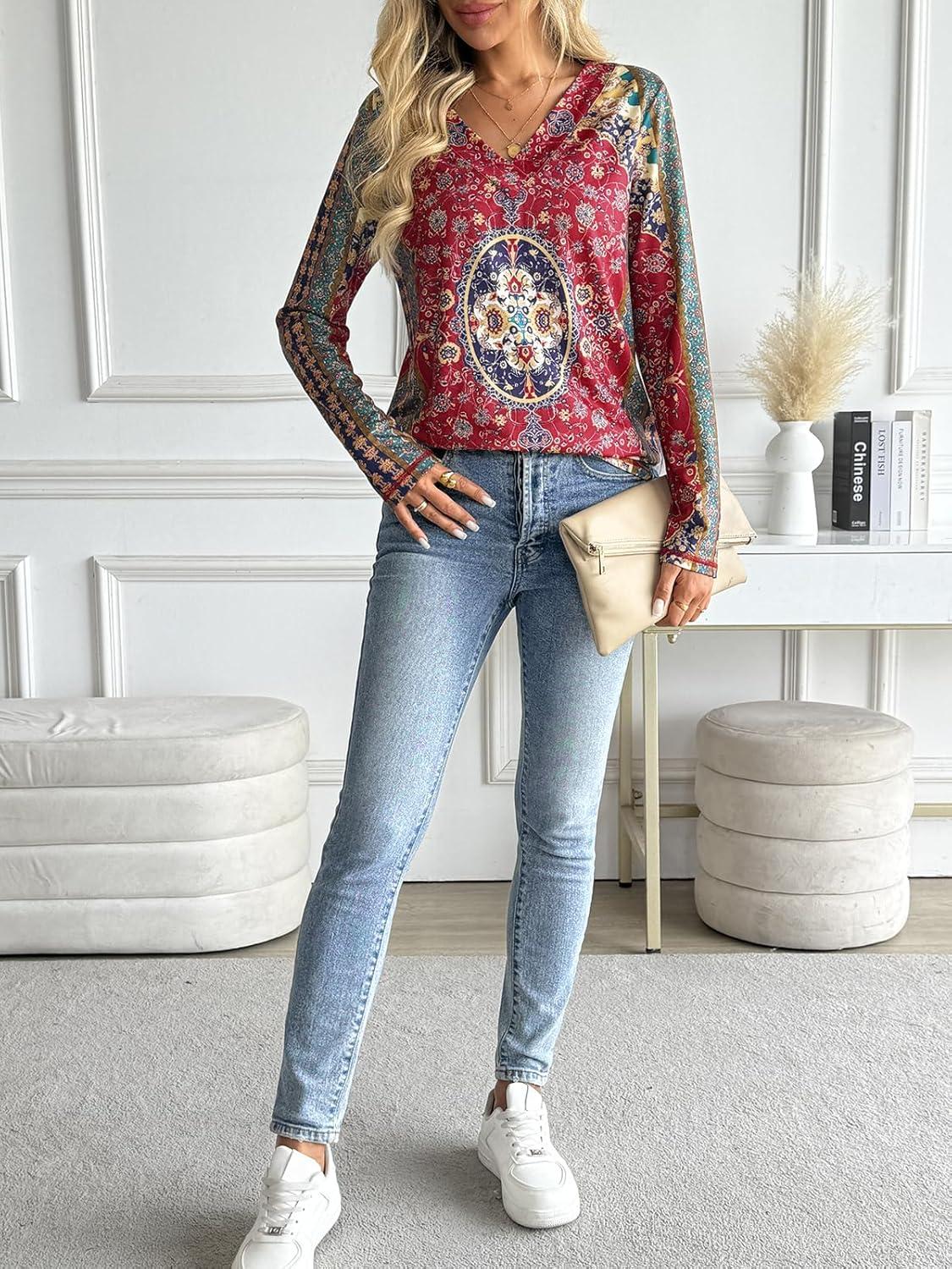 imageAUTOMET Long Sleeve Shirts for Women Tops V Neck Casual Top Comfortable Shirt Soft Basic Tees Women BlousesBohoprint4