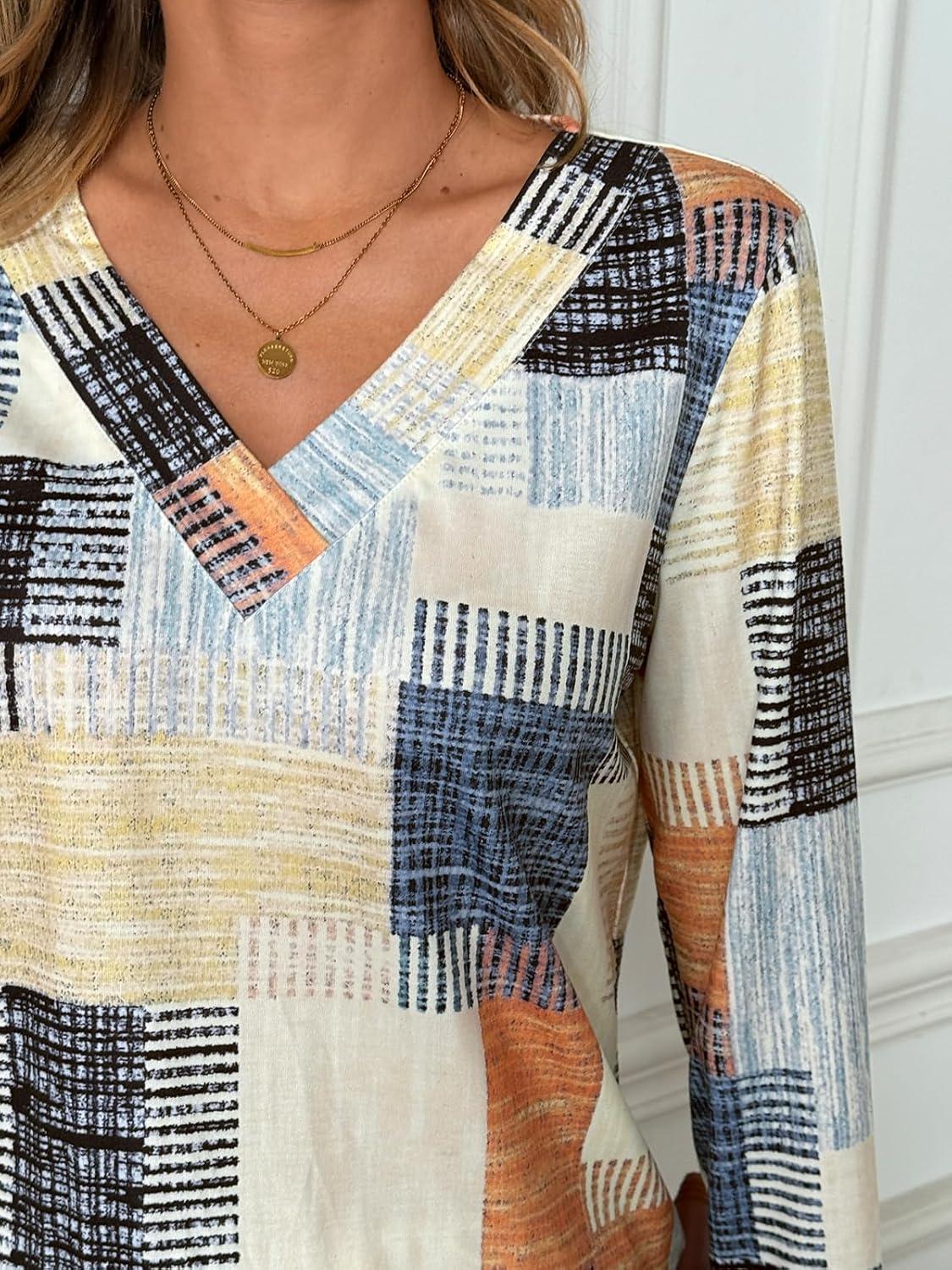 imageAUTOMET Long Sleeve Shirts for Women Tops V Neck Casual Top Comfortable Shirt Soft Basic Tees Women BlousesColorfullines