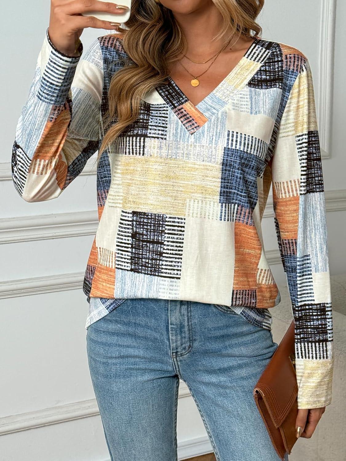 imageAUTOMET Long Sleeve Shirts for Women Tops V Neck Casual Top Comfortable Shirt Soft Basic Tees Women BlousesColorfullines