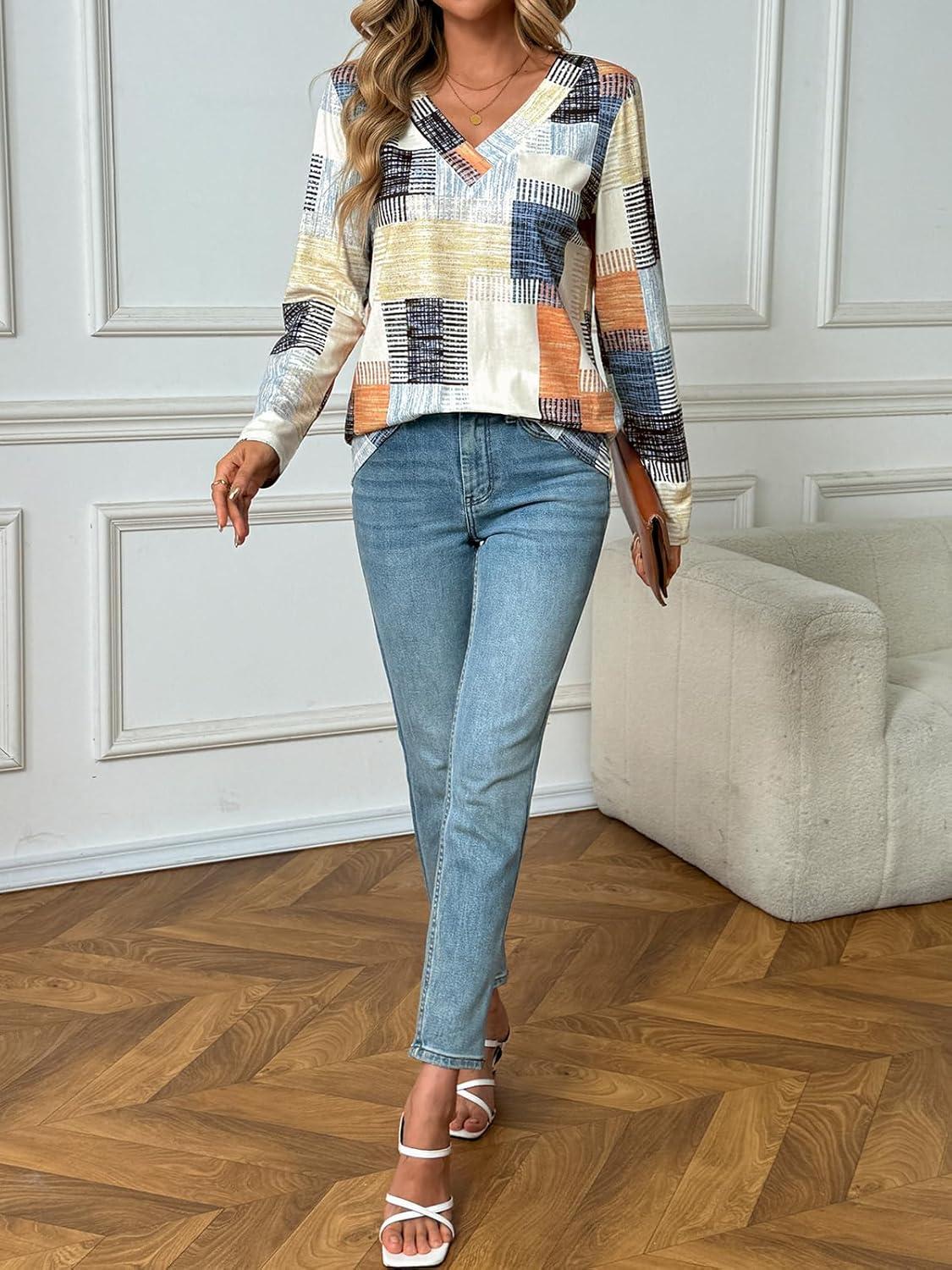 imageAUTOMET Long Sleeve Shirts for Women Tops V Neck Casual Top Comfortable Shirt Soft Basic Tees Women BlousesColorfullines