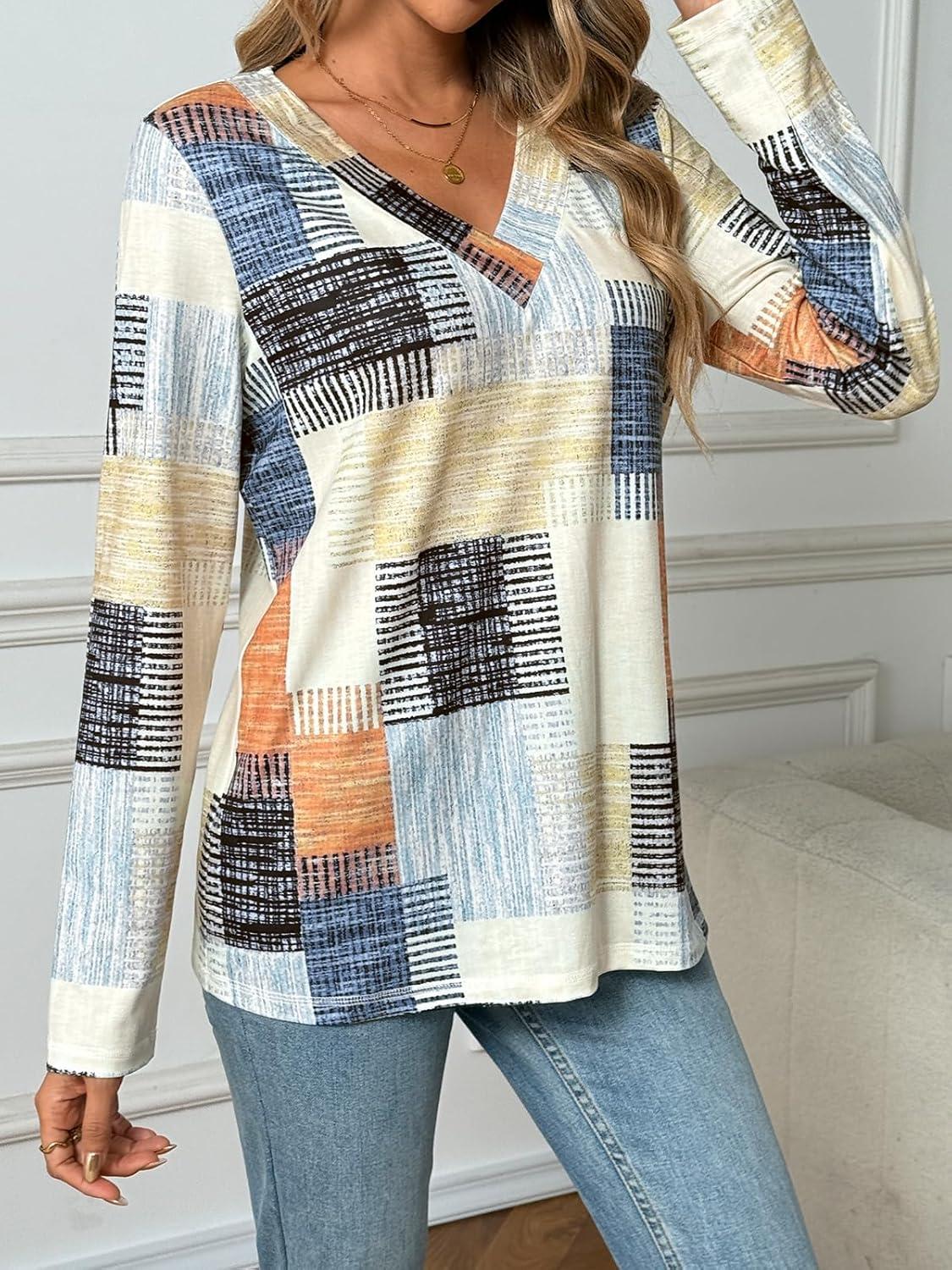 imageAUTOMET Long Sleeve Shirts for Women Tops V Neck Casual Top Comfortable Shirt Soft Basic Tees Women BlousesColorfullines