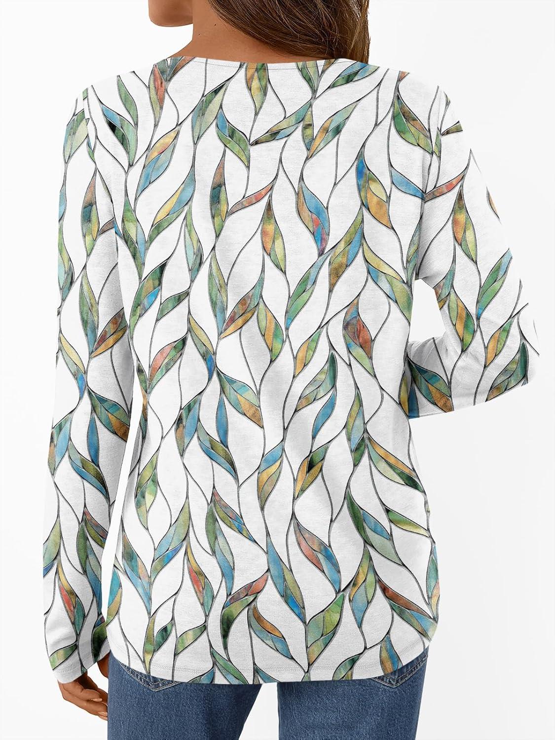 imageAUTOMET Long Sleeve Shirts for Women Tops V Neck Casual Top Comfortable Shirt Soft Basic Tees Women BlousesLeafprint