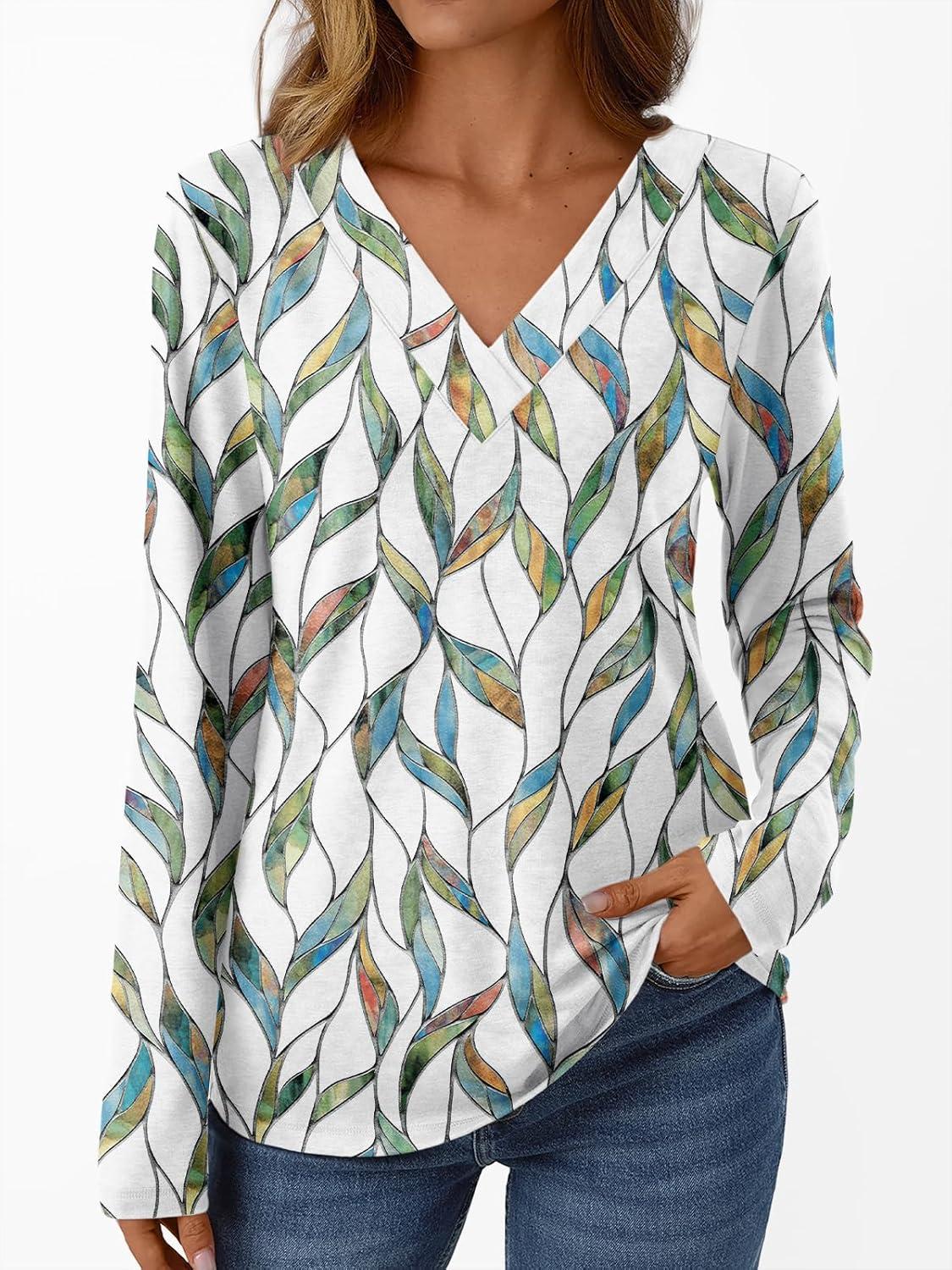 imageAUTOMET Long Sleeve Shirts for Women Tops V Neck Casual Top Comfortable Shirt Soft Basic Tees Women BlousesLeafprint