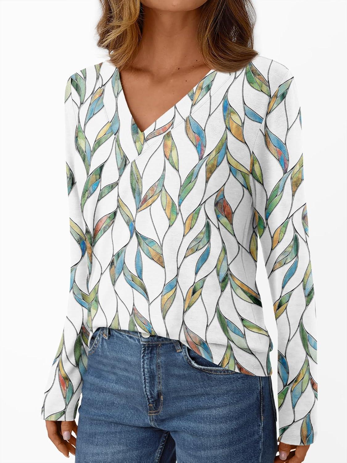 imageAUTOMET Long Sleeve Shirts for Women Tops V Neck Casual Top Comfortable Shirt Soft Basic Tees Women BlousesLeafprint