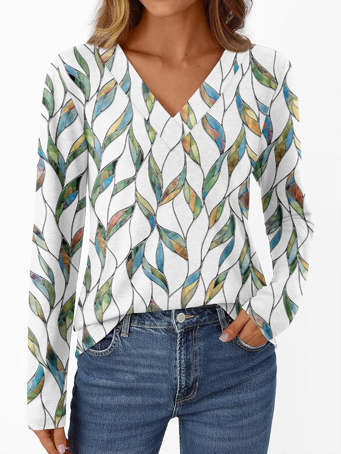 imageAUTOMET Long Sleeve Shirts for Women Tops V Neck Casual Top Comfortable Shirt Soft Basic Tees Women BlousesLeafprint