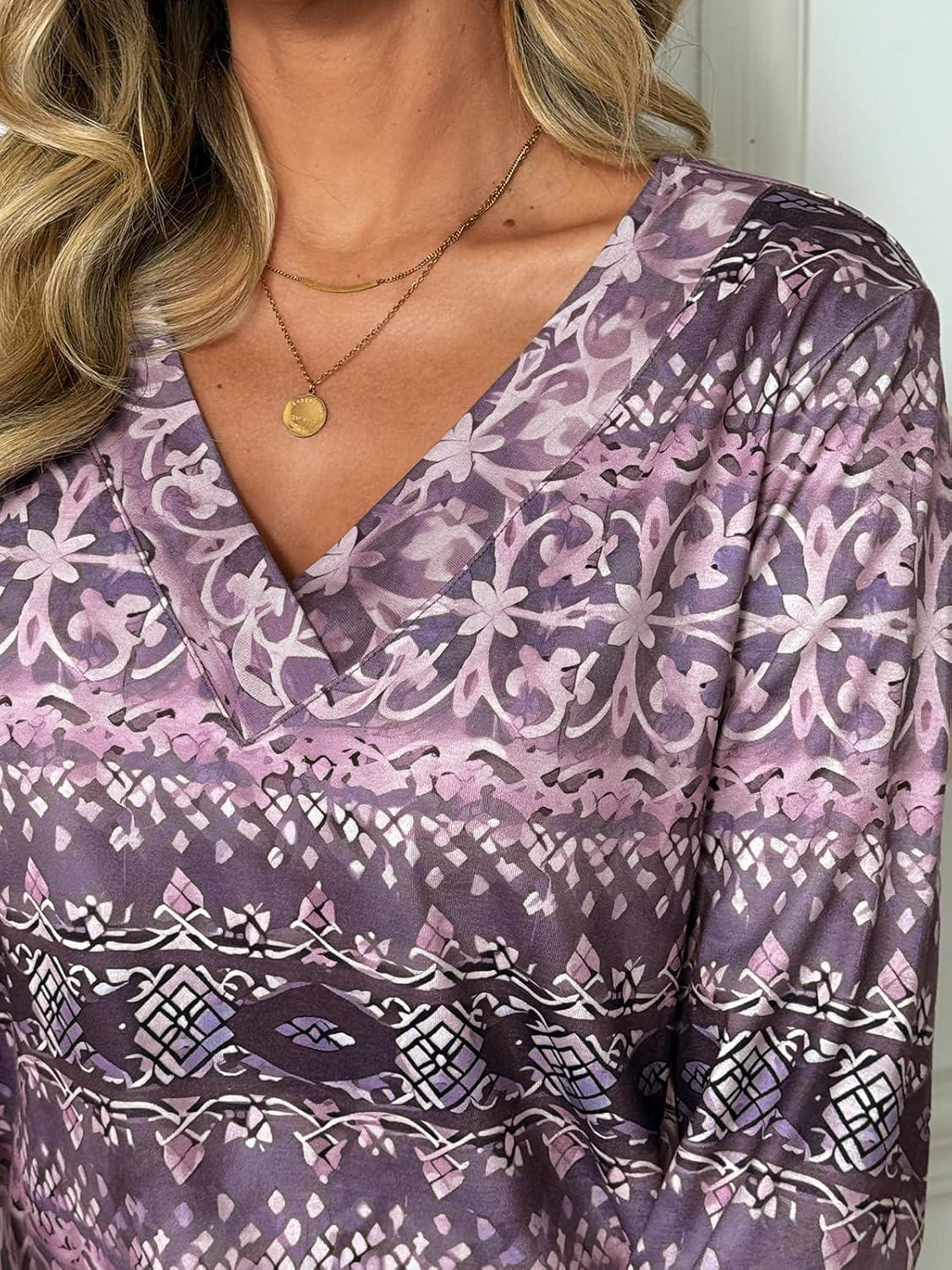 imageAUTOMET Long Sleeve Shirts for Women Tops V Neck Casual Top Comfortable Shirt Soft Basic Tees Women BlousesPurpleprint