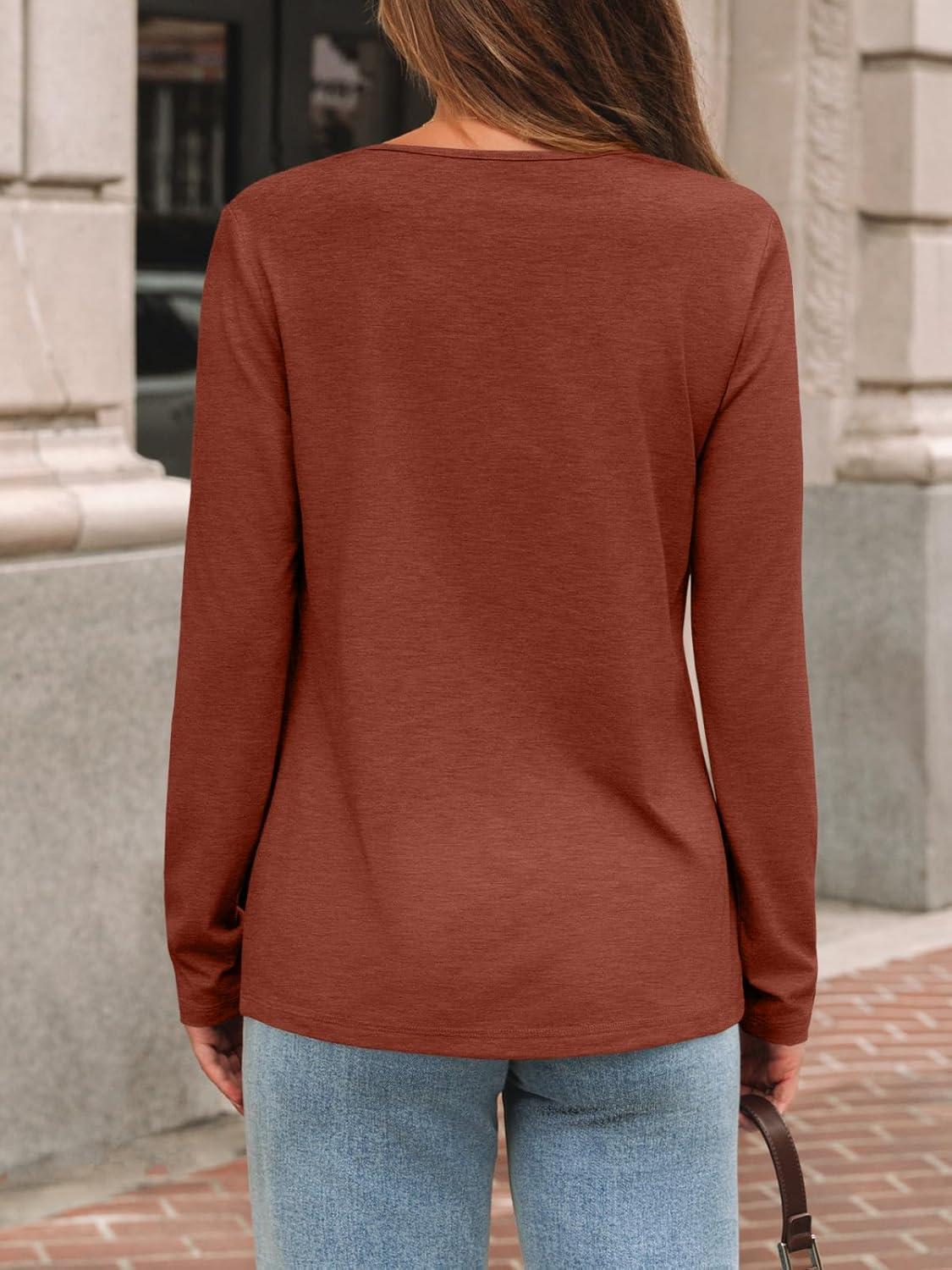 imageAUTOMET Long Sleeve Shirts for Women Tops V Neck Casual Top Comfortable Shirt Soft Basic Tees Women BlousesRust